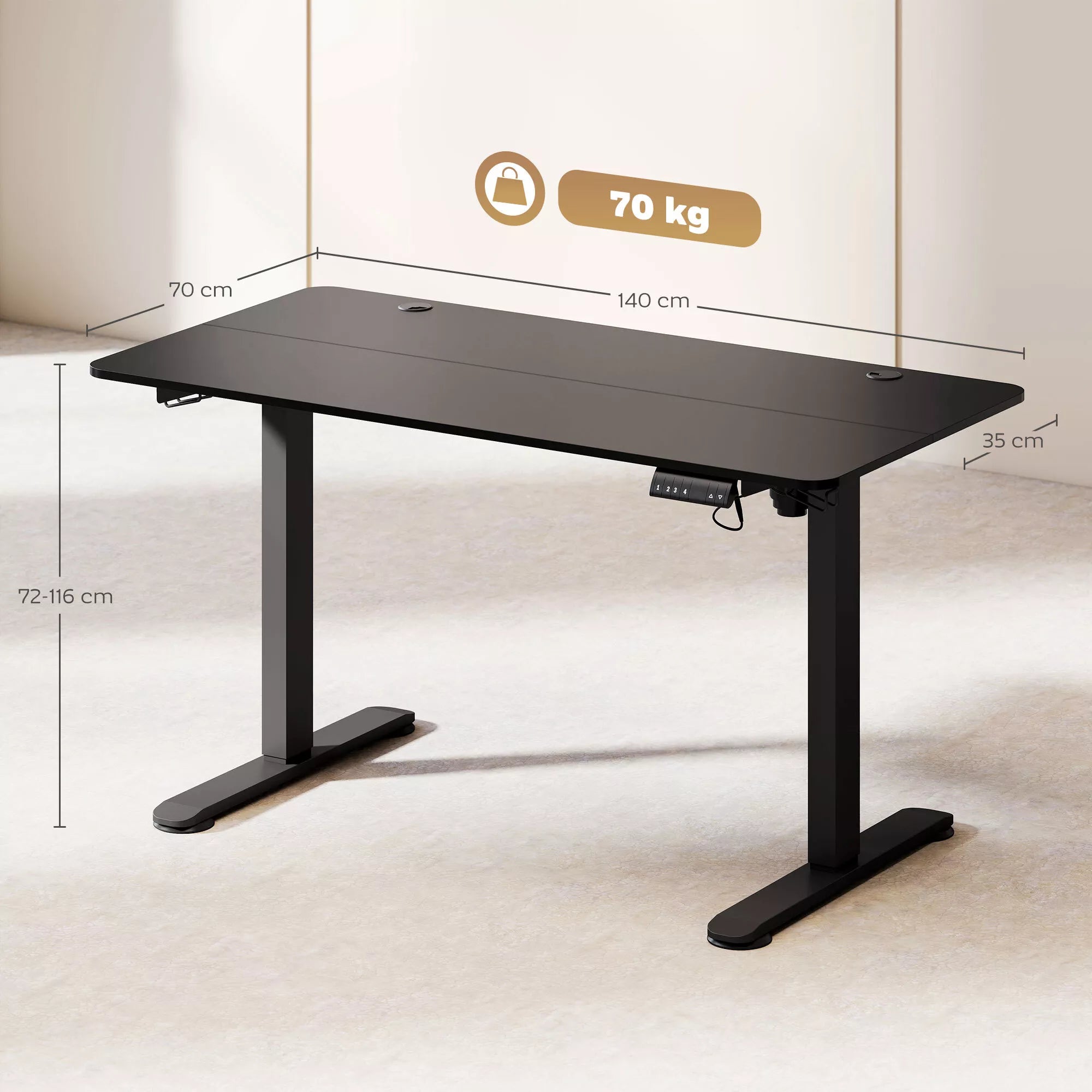 Stovimas stalas, aukščio reguliuojamas kompiuterio stalas, 140 cm x 70 cm x 116 cm, juodas