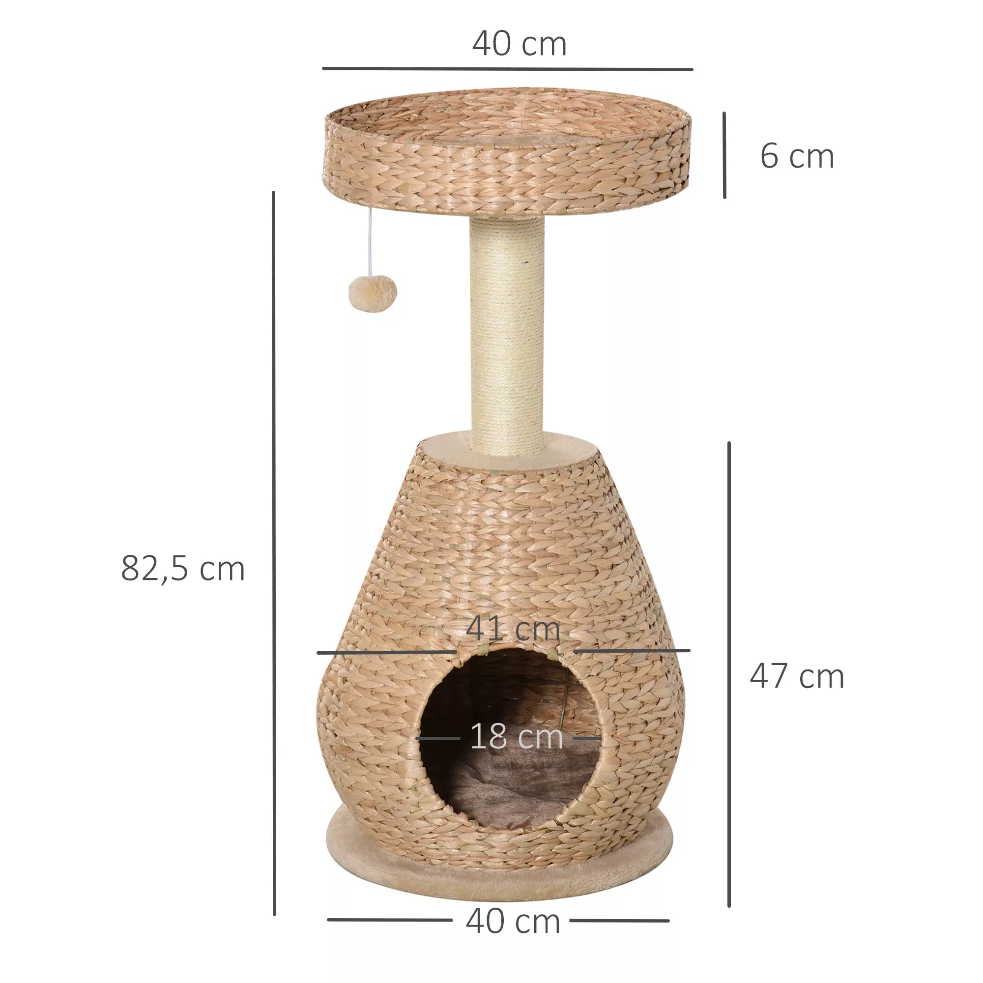 Kačių medis, kačių draskyklė, baldai kačiukams su kačių urvu, kamuoliuko žaislas, sizalis, minkštas pliušas, aukštis 82,5 cm, geltonas