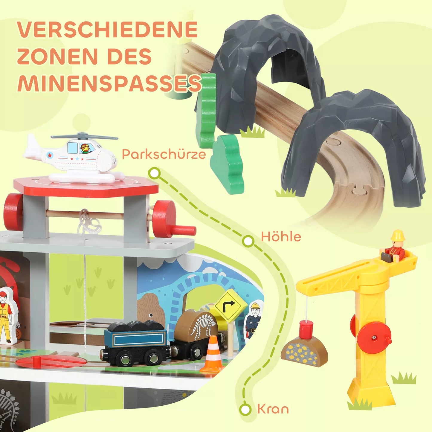 Medinis geležinkelio komplektas, 79 dalys, 4 lygiai, keltuvas, kranas, išplečiamas, spalvingas