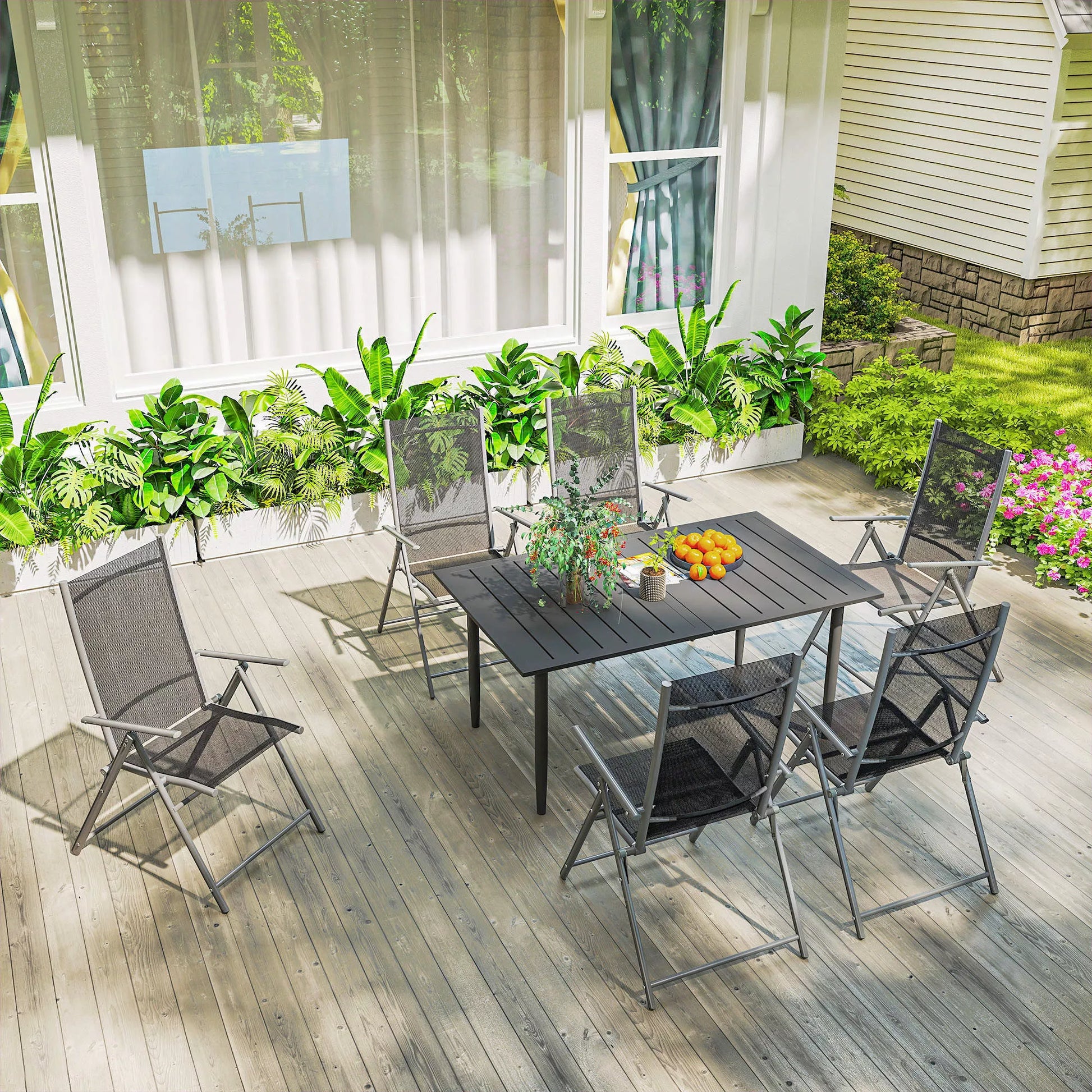 Sodo stalas 150x90 cm, atsparus atmosferos poveikiui, balkono stalas iš plieno, balkono stalas su skėčio skyle, juodos spalvos