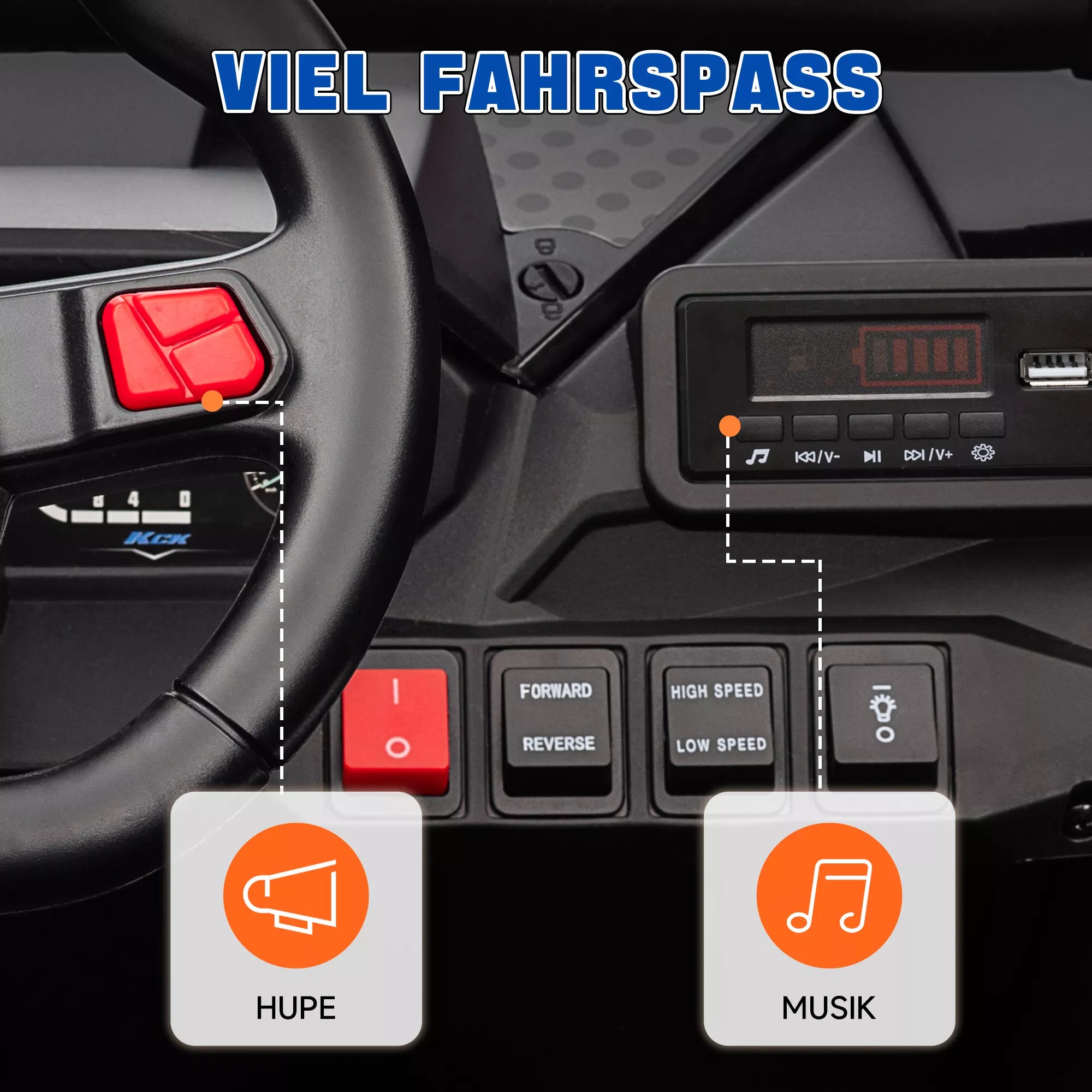 Vaikų automobilis „Elektro-UTV“, 5–7 km/h, 2 vietos, nuotolinis valdymas, muzika, žibintai, 1 val. važiavimo trukmė, mėlynas