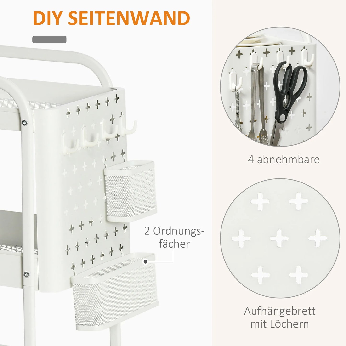 Virtuvinis vežimėlis su perforuota lenta, rankšluosčių laikikliais ir laikymo krepšiais, 51,5 cm x 32 cm x 75,6 cm, Baltas
