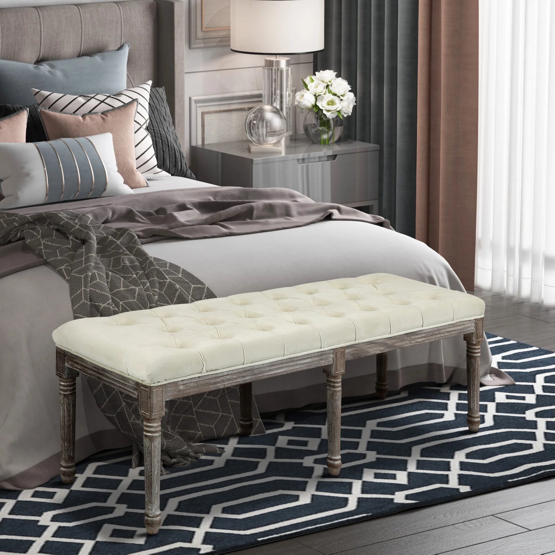 Minkšta suolelė Vintage lovos suolelis su sagomis Švelnus liesti Guminis medis Smėlio spalvos 142 x 47 x 51 cm