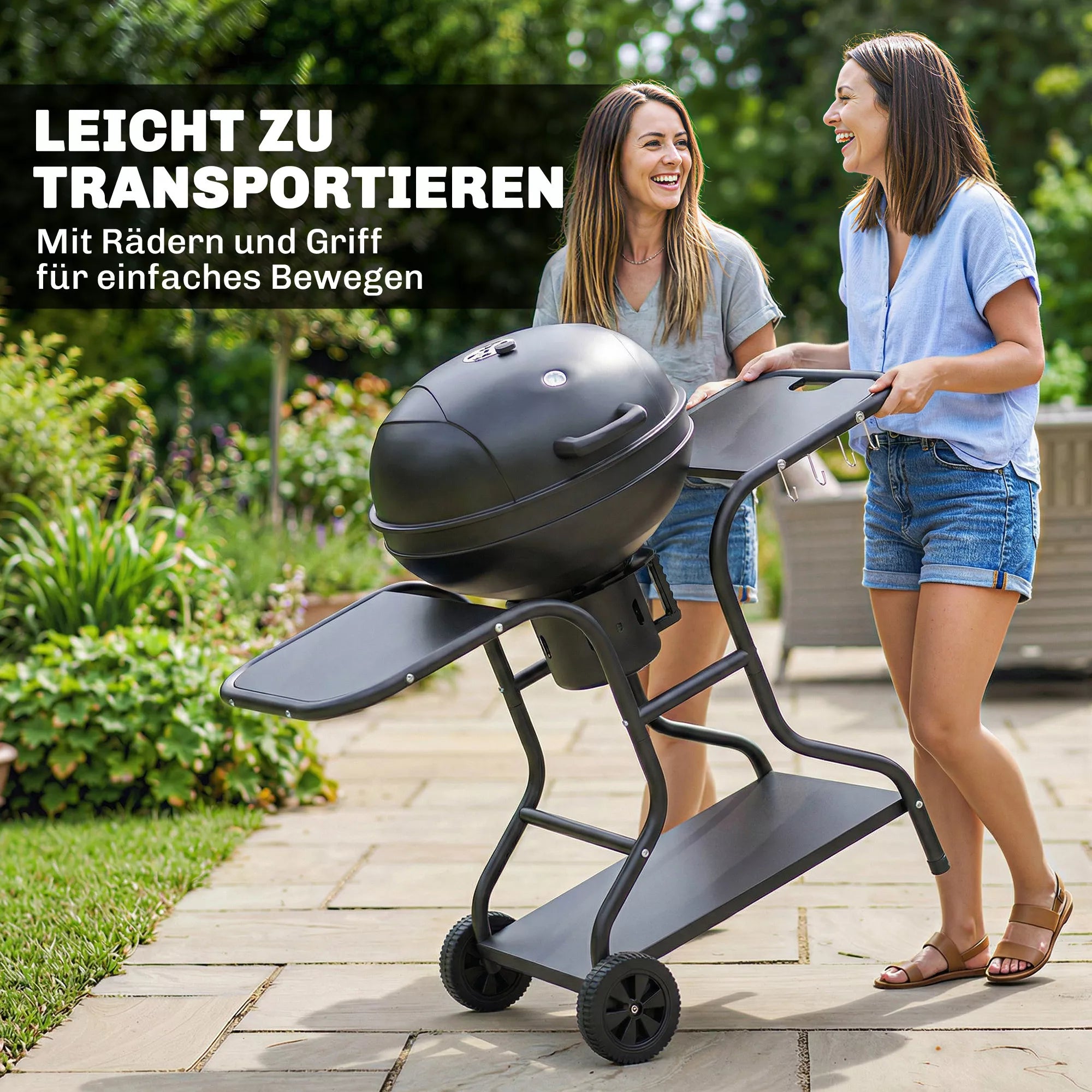 Anglies grilis BBQ Smoker su šoniniais stalais, dangčiu, termometru, ratais, 129 x 63,5 x 106,5 cm