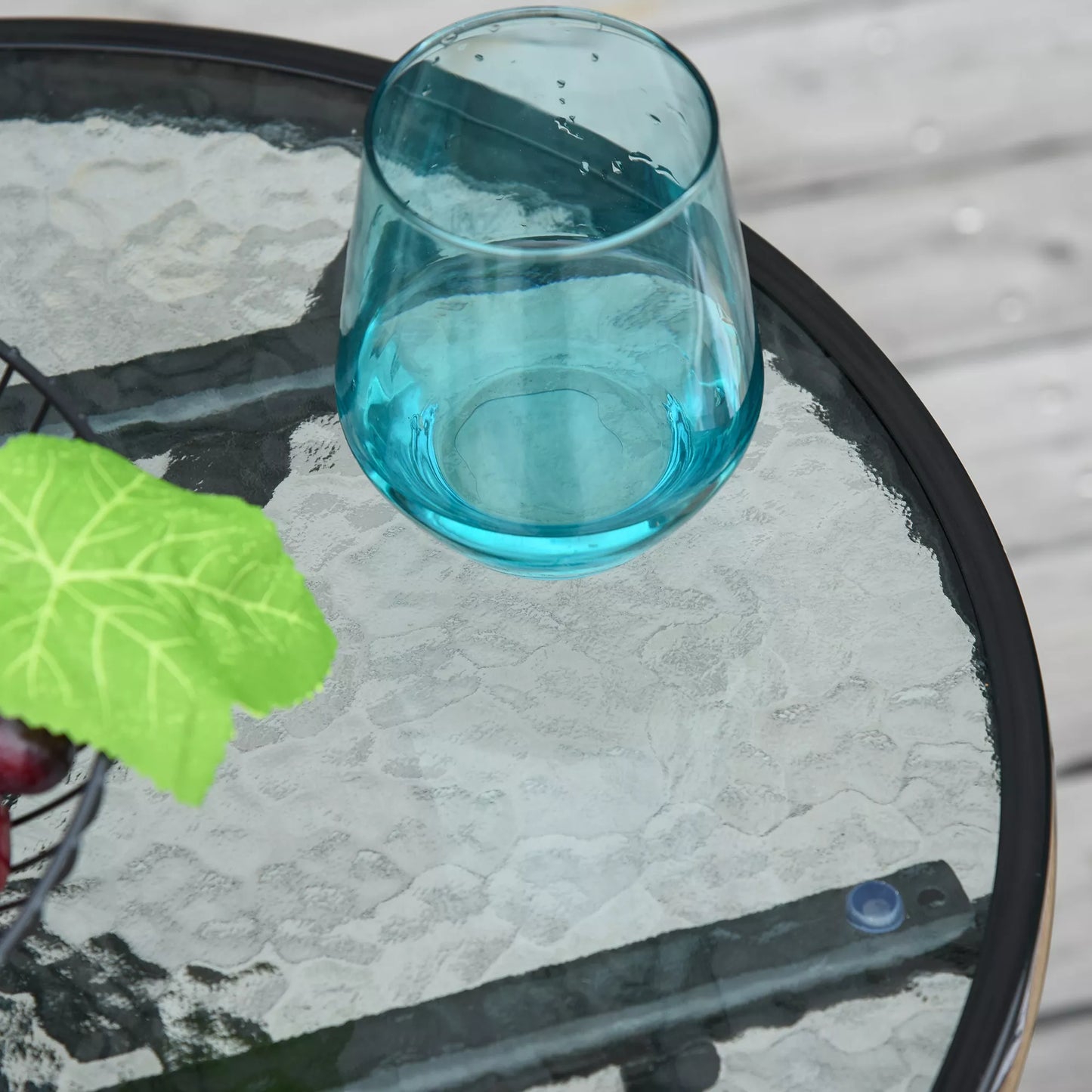 Apvalus sulankstomas juodas metalinis bistro staliukas su stiklo plokšte Ø45 cm