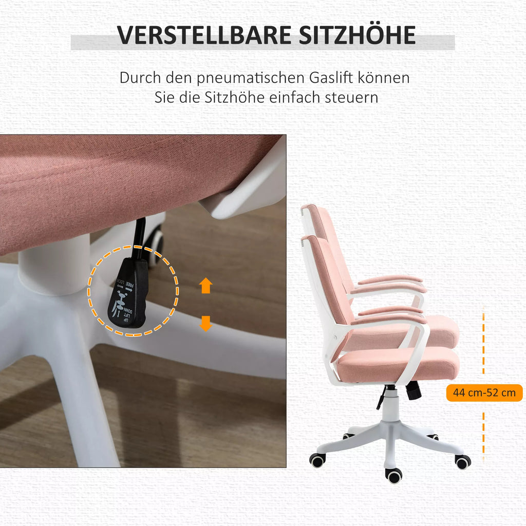 Biuro kėdė, darbo kėdė, namų biuro kėdė su supimo funkcija, reguliuojamo aukščio atlošas, storai paminkštinta, ergonomiška, 360° besisukantys ratukai, poliesteris, nailonas, PP, rožinė+balta, 62x69x92-100 cm