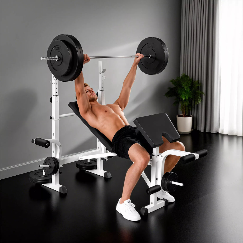 Hantelų suoliukas su hantelių laikikliu, krūtinės presas, kojų presas, atrama rankoms bicepsų lenkimui, plienas, juoda+balta