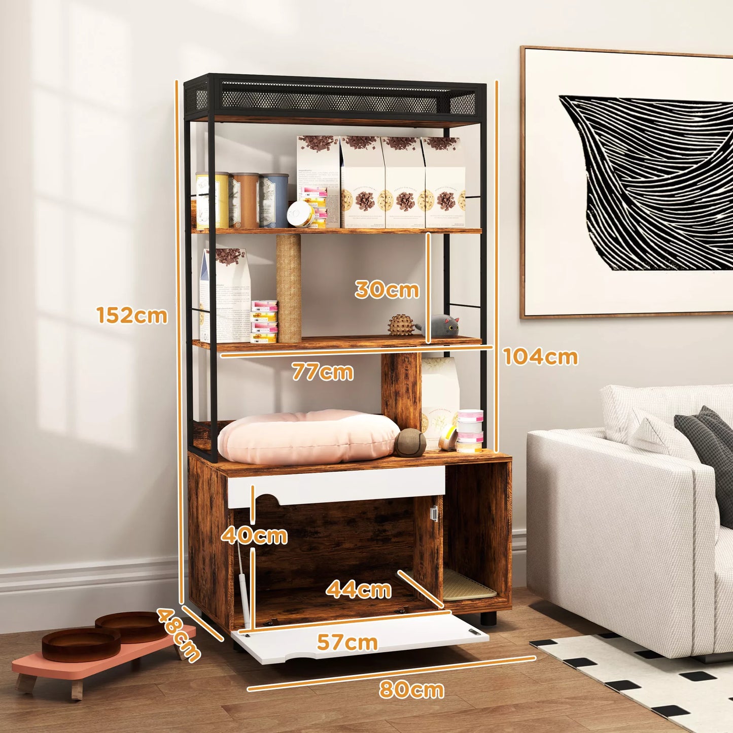 Uždaras kačių tualetas su 3 lygių lentyna ir draskykle, 80 x 48 x 152 cm, ruda