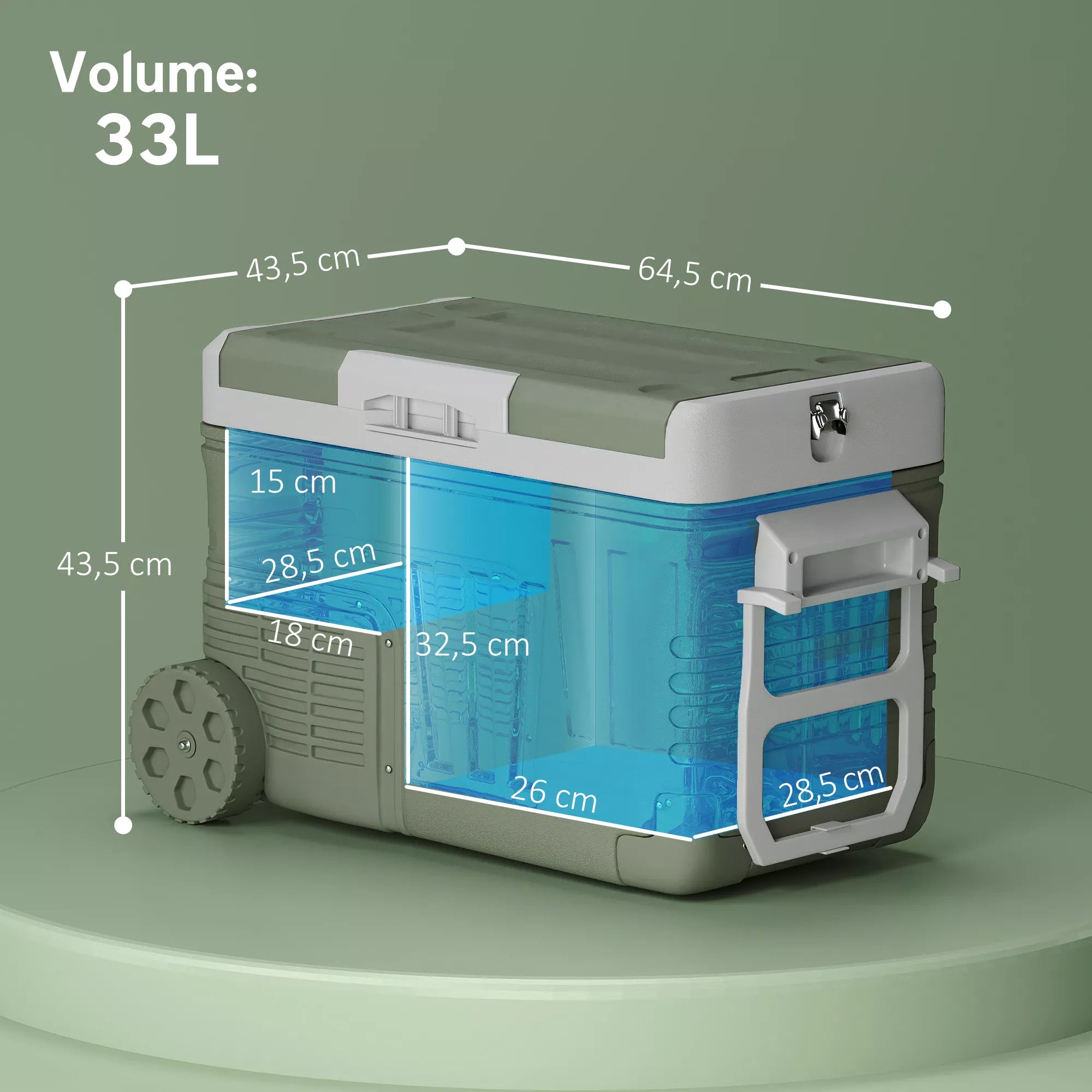 33 l kempingo šaldytuvas, kelioninis šaldiklis, nešiojamas automobilinis šaldytuvas su 2 skyrius ir ratukais, plastikinis, žalias