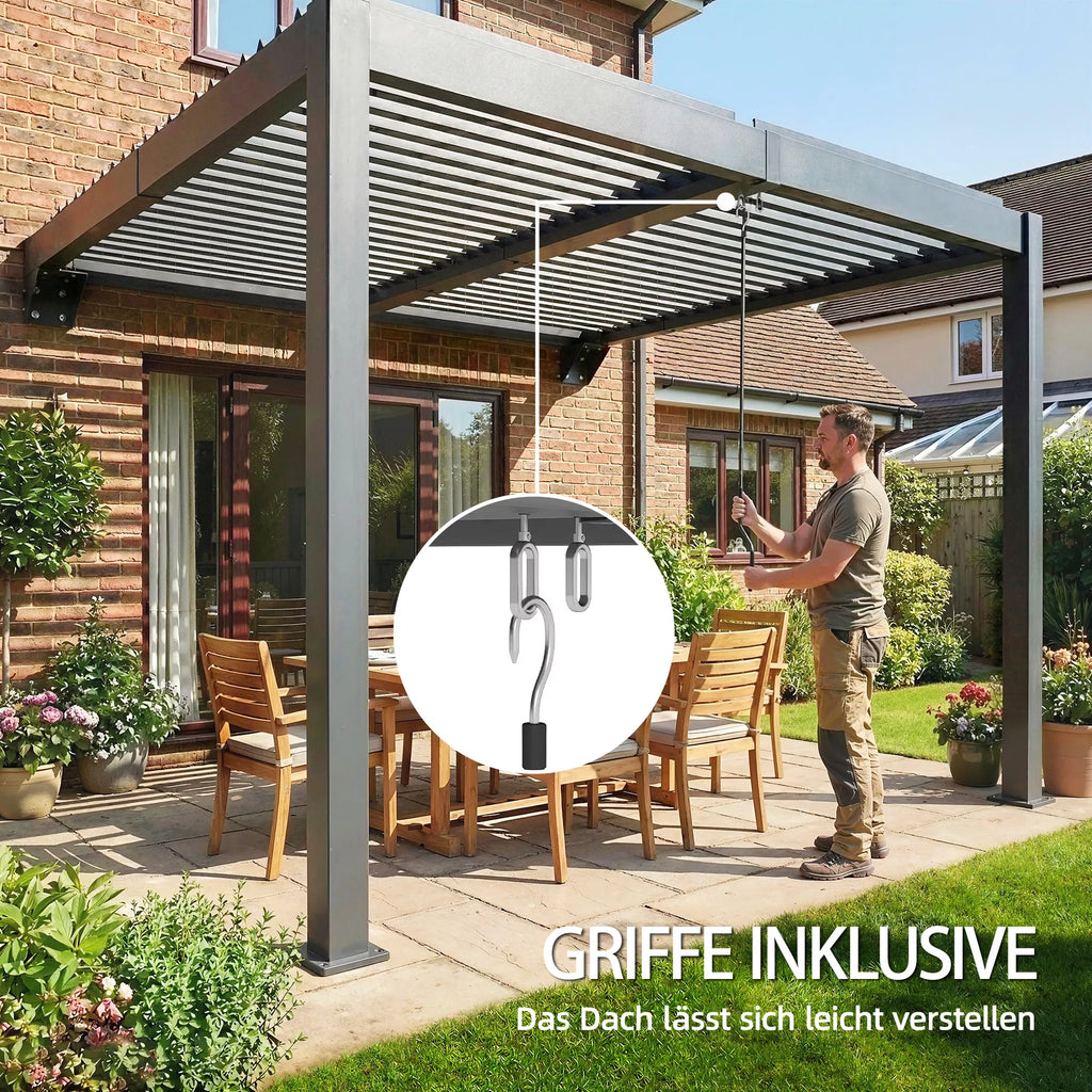 Pergola, apie 3x3 m, aliuminio terasos stogas su reguliuojamu lamelių stogu, montuojamas prie sienos, tamsiai pilkos spalvos