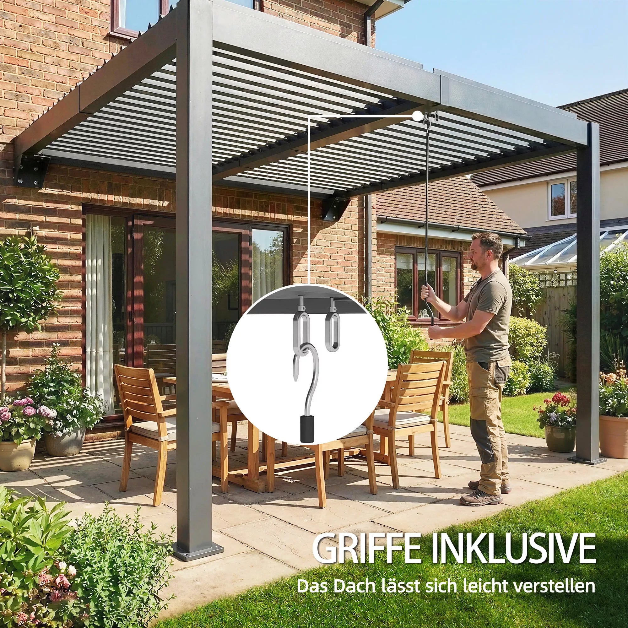 Pergola, apie 3x3 m, aliuminio terasos stogas su reguliuojamu lamelių stogu, montuojamas prie sienos, tamsiai pilkos spalvos