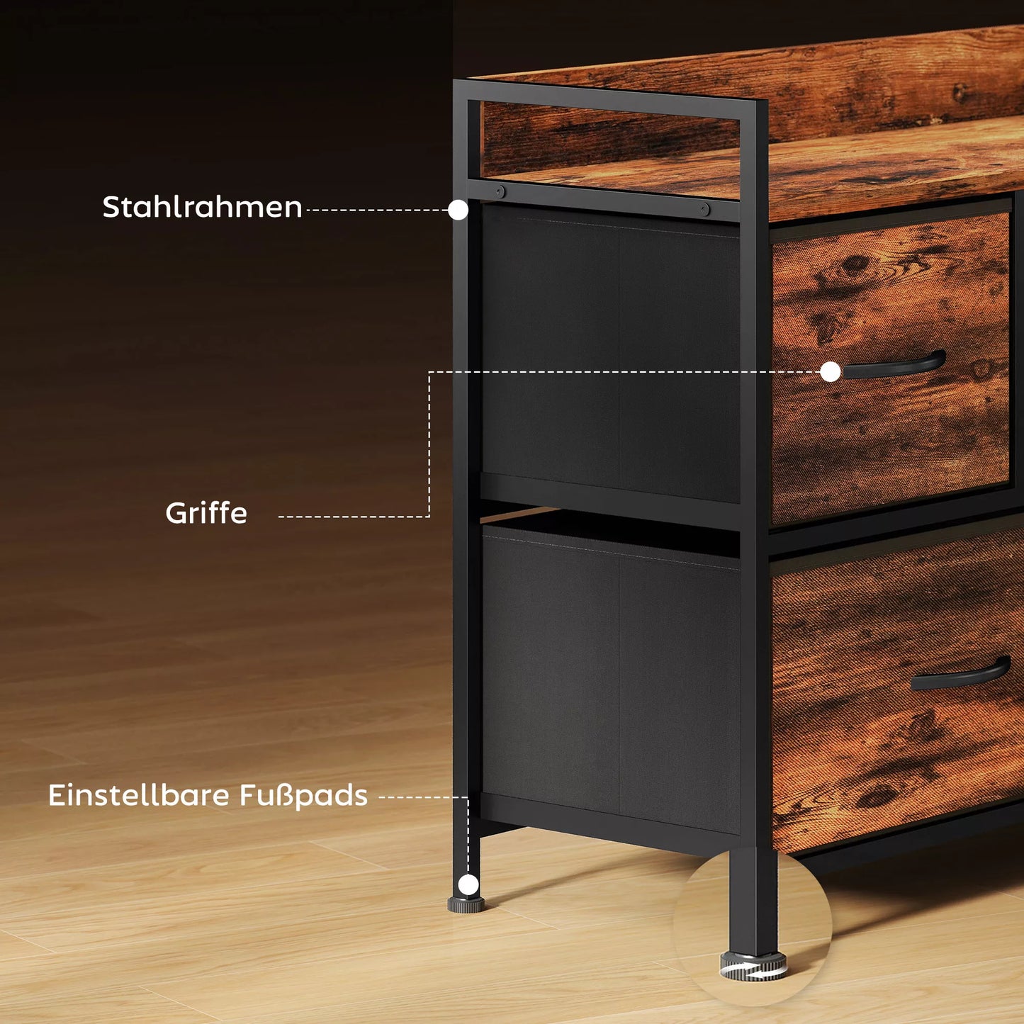 Komoda su sulankstomais audinio stalčiais, melamino mediena, plieninis rėmas, ruda