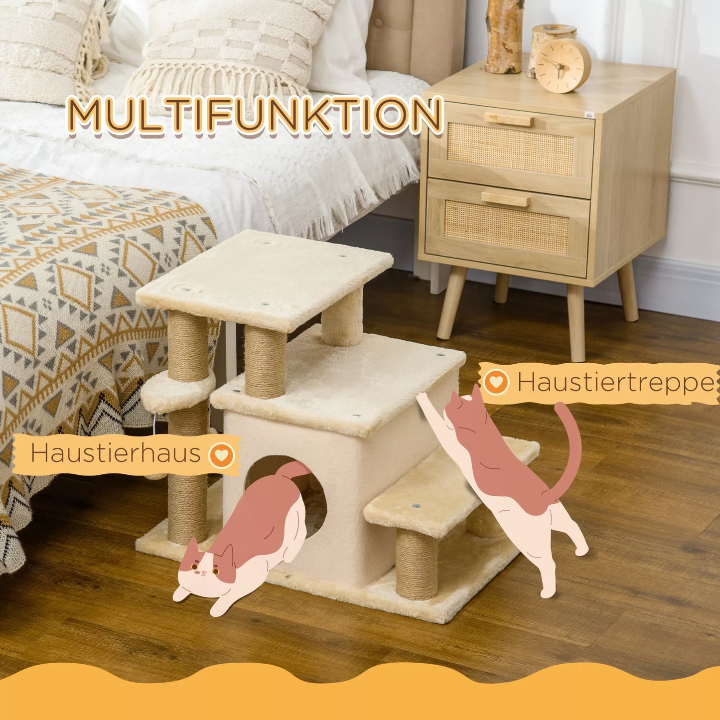 Naminių gyvūnų laiptai, nagų galandimo stulpas, 4 laipteliai, žaislinis kamuolys, namelis, reguliuojamas aukštis, 60 x 40 x 66 cm, smėlio spalvos
