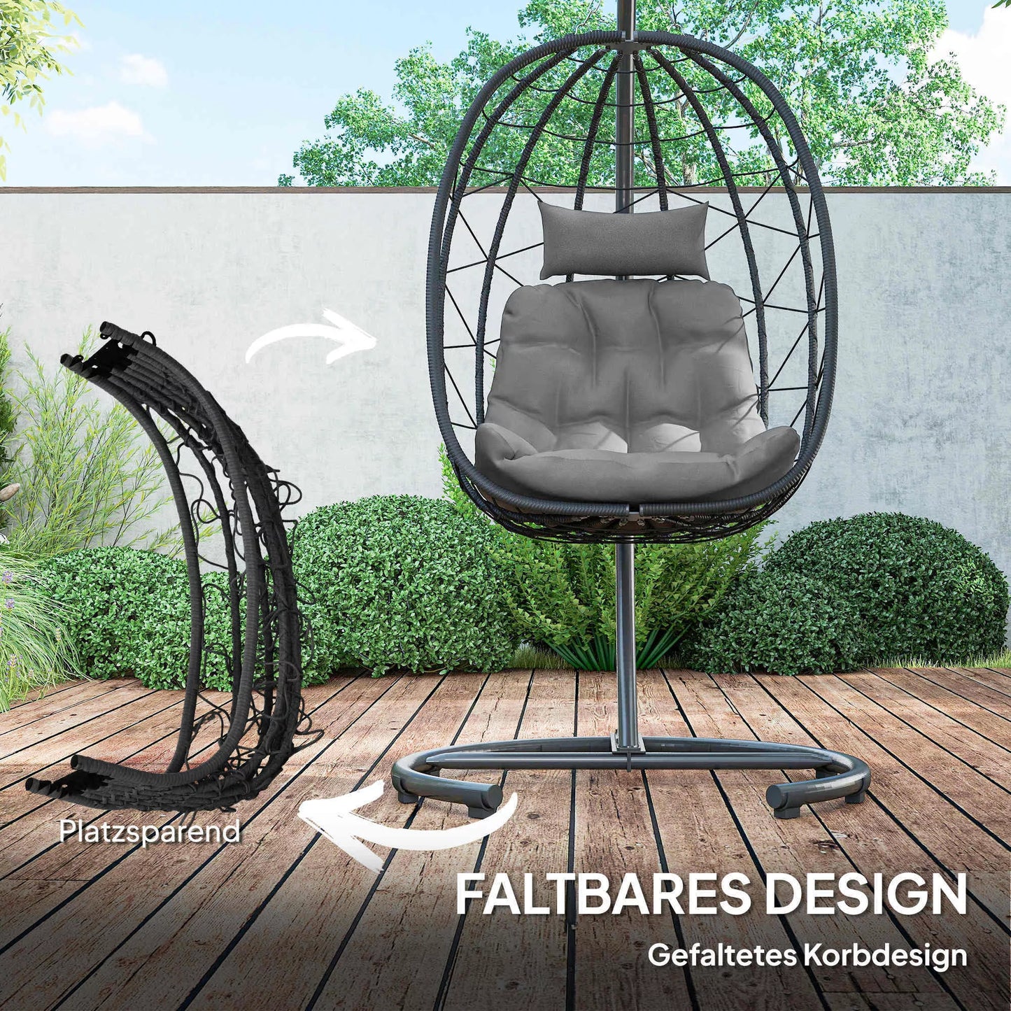 Kabinamas kėdė Lauko kabinama kėdė „Egg Chair“, atspari atmosferos poveikiui, su pagalvėle, 102 cm x 102 cm x 195 cm, tamsiai pilka