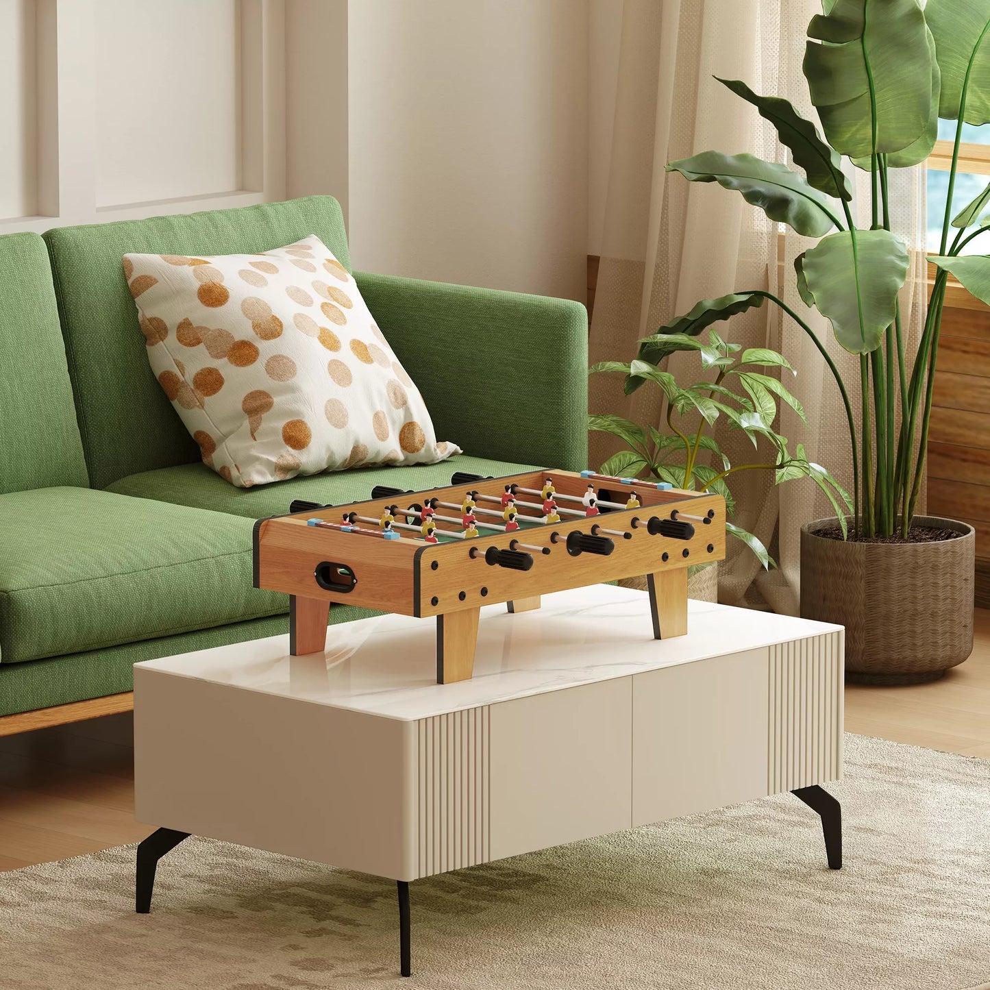 Stalo futbolo rinkinys, Kicker stalas, kompaktiška medinė konstrukcija, 2 kamuoliukai, rezultatų lentelės, ruda