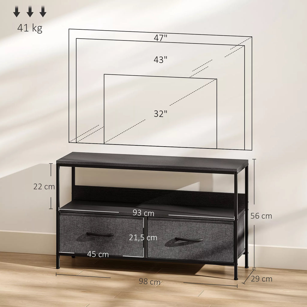 TV staliukas su 2 stalčiais, atviru skyriumi, televizoriams iki 47 colių, 98 x 29 x 56 cm, juoda+tamsiai pilka