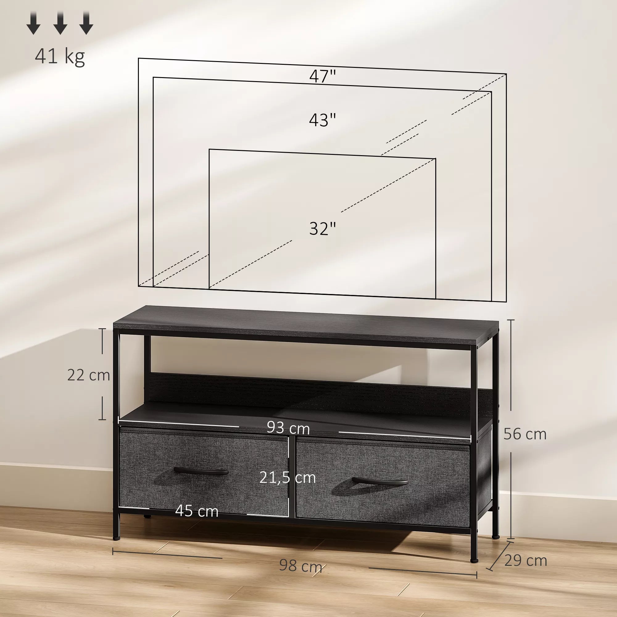 TV staliukas su 2 stalčiais, atviru skyriumi, televizoriams iki 47 colių, 98 x 29 x 56 cm, juoda+tamsiai pilka
