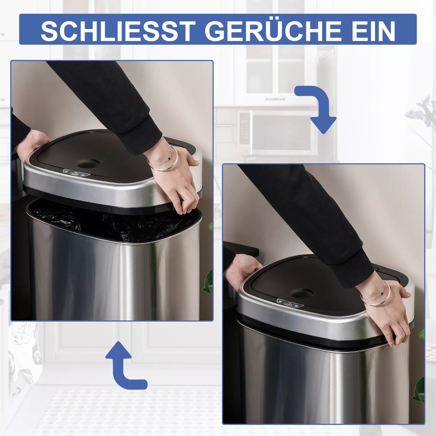 Sensorinė automatinė šiukšliadėžė su judesio jutikliu, 58L, atspari vandeniui, pagaminta iš nerūdijančio plieno, skirta virtuvei, biurui, miegamajam, sidabrinė