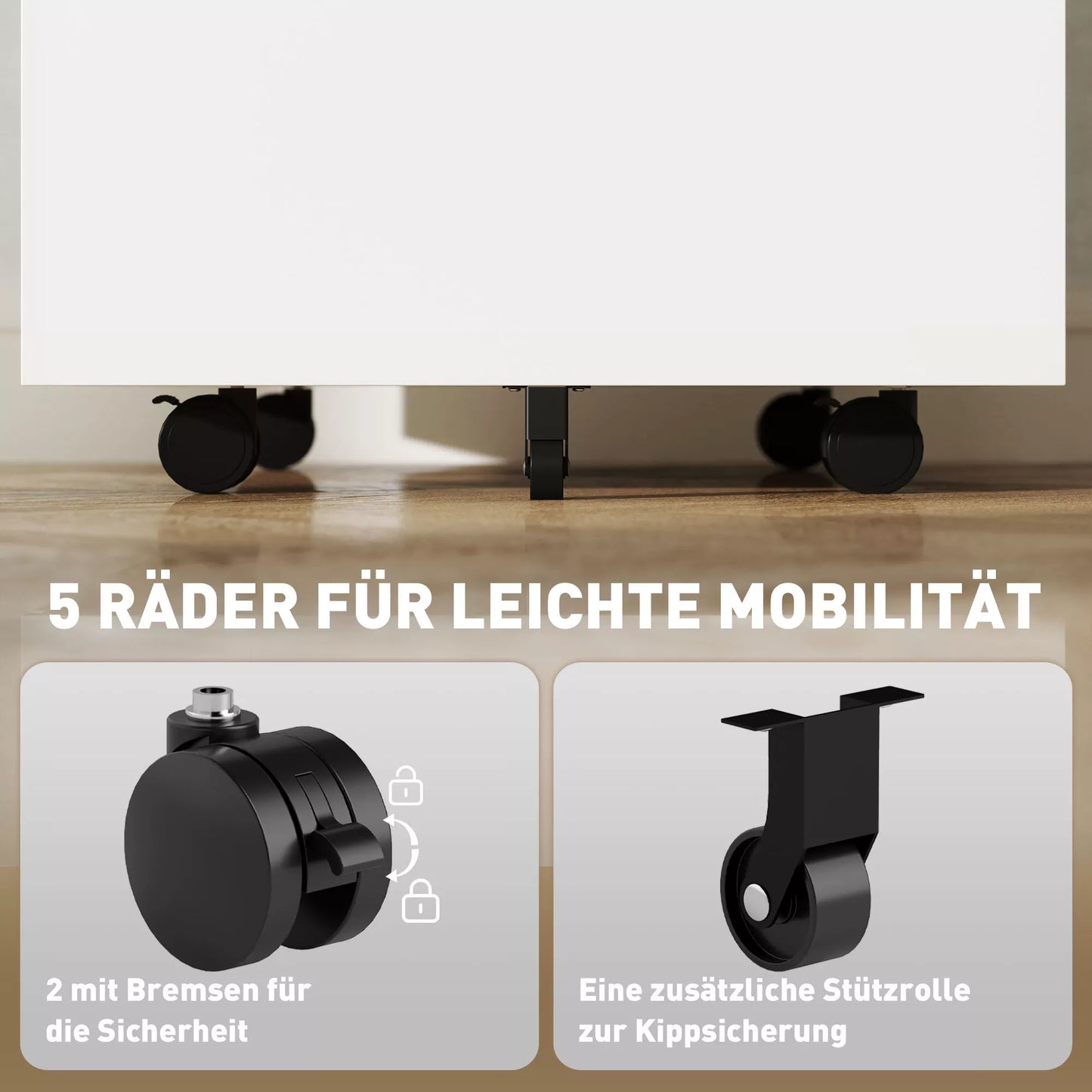 Ratinis konteineris, dokumentų spinta, pertvara, centrinis užraktas, plieninis korpusas, 5 ratai, baltas, 39 x 48 x 67 cm