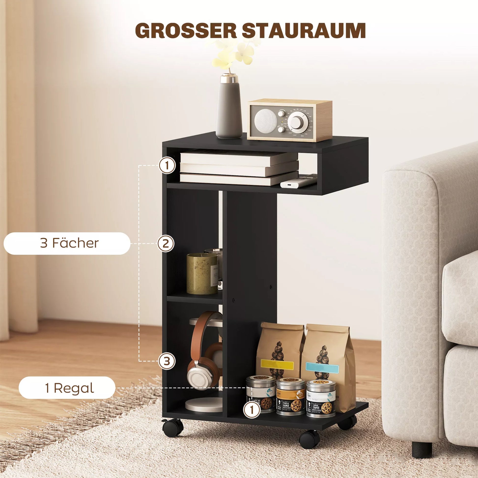 Stalinis staliukas, C formos serviravimo vežimėlis, 4 ratukai, 3 lentynos, 40 x 30 x 69 cm, juodas