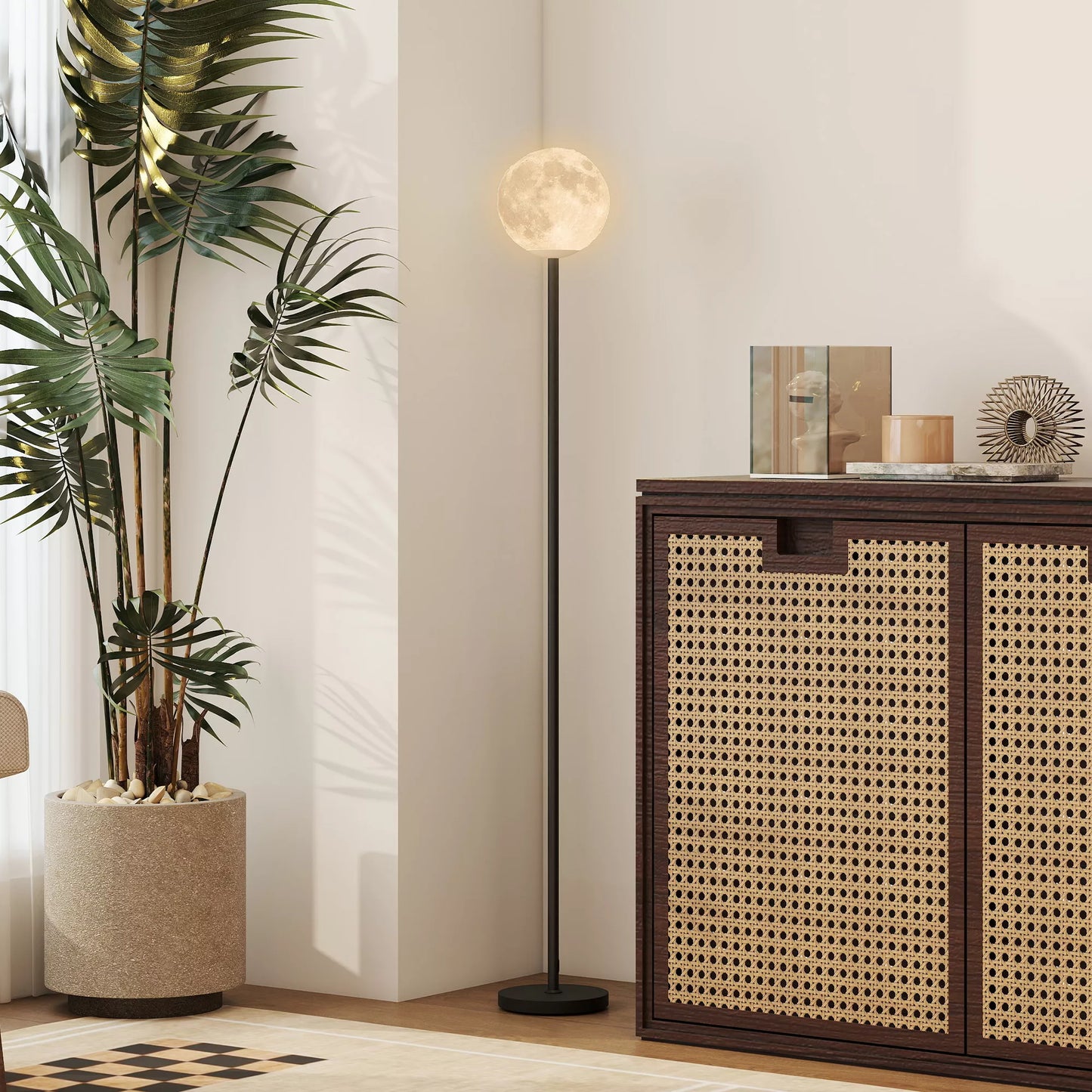 Pastatomas šviestuvas su mėnulio dizaino gaubtu, kojiniu jungikliu, 3 spalvų temperatūromis, metalas, juodas