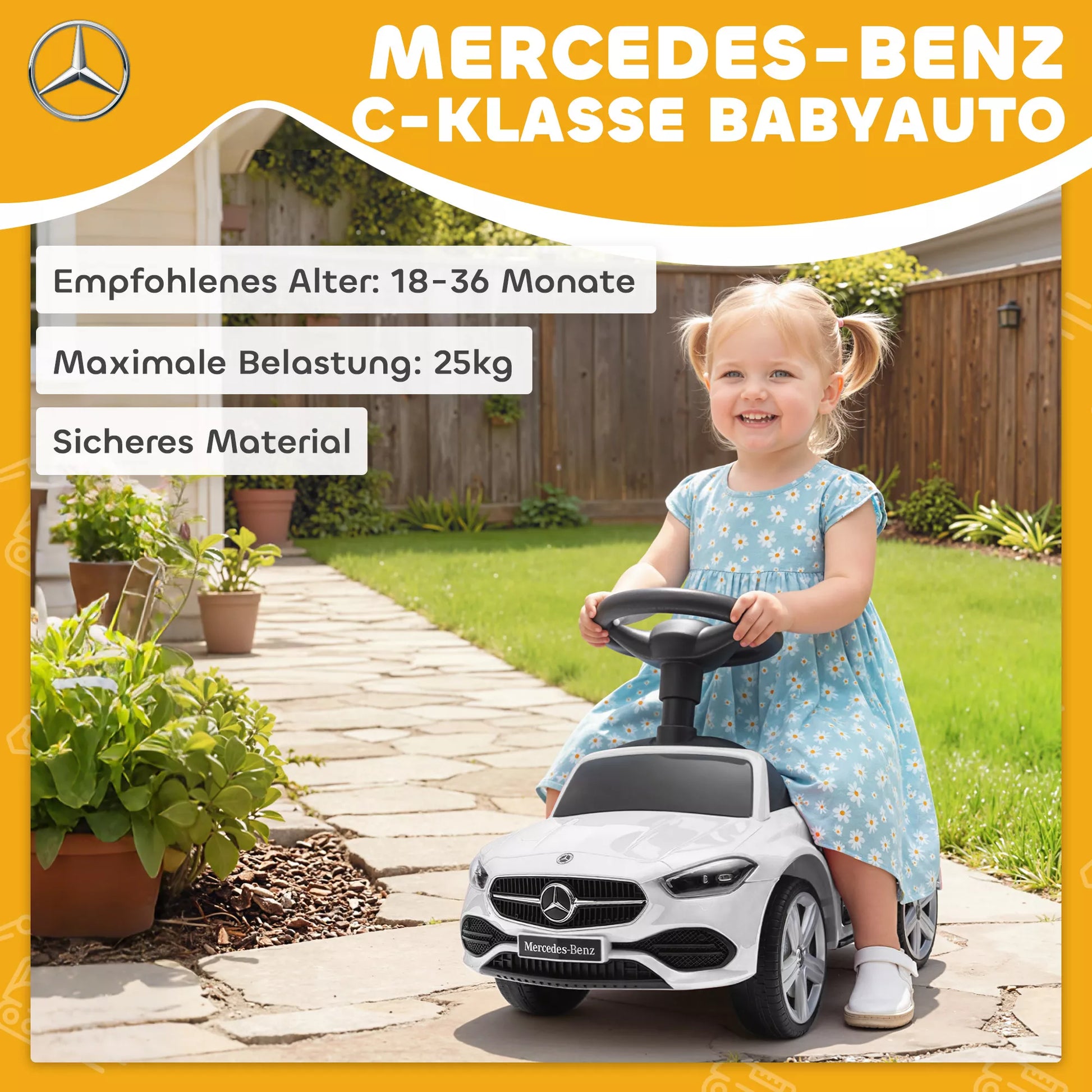 Mercedes-Benz C-Class paspiriamasis automobilis su garsiniu signalu, variklio garsais, daiktadėže, vaikams 18-36 mėn., Baltas