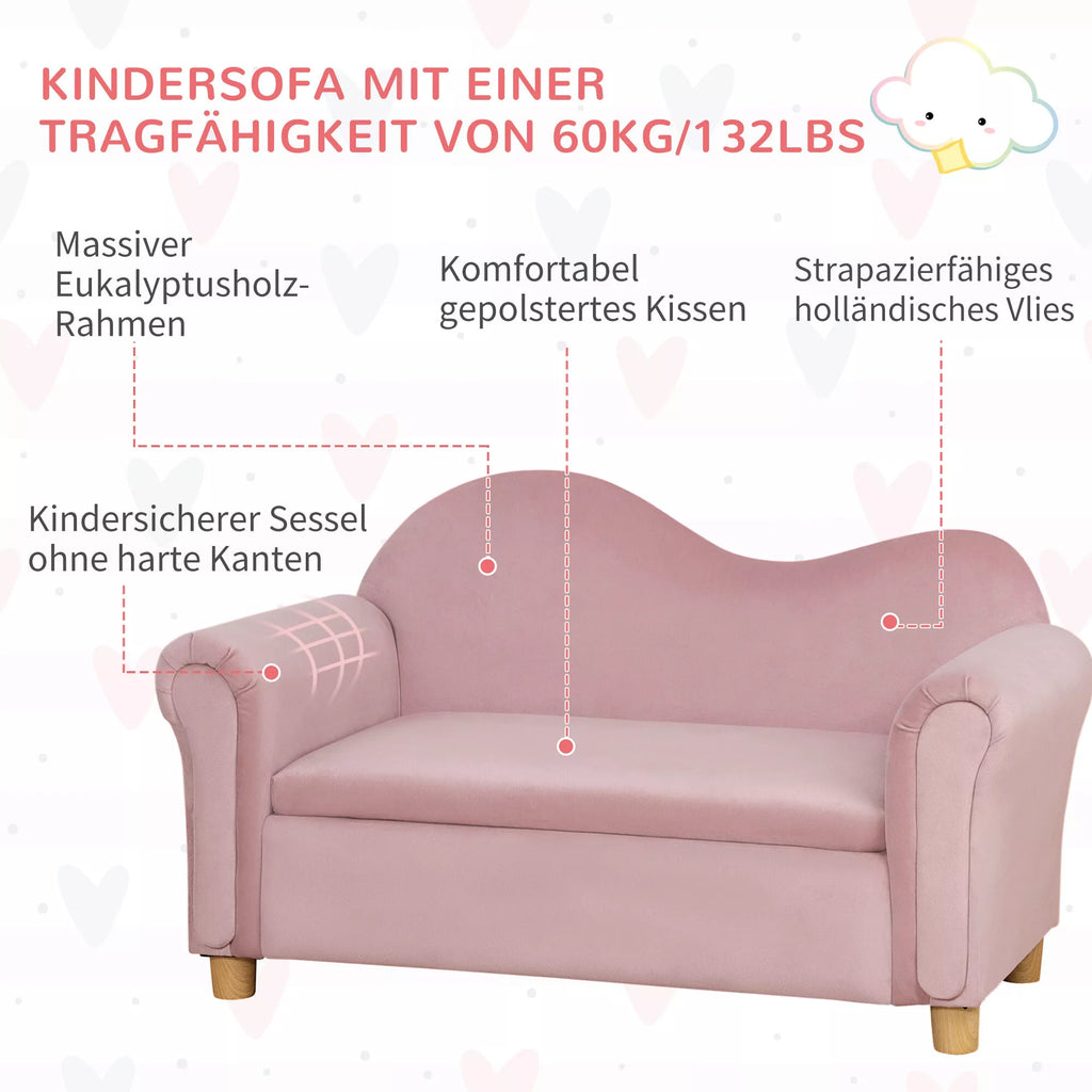 Vaikiškas sofos komplektas, dvivietė sofa vaikams nuo 3 iki 5 metų, daiktų laikymo dėžė, natūralaus medžio rėmas, 84 x 41,5 x 48,5 cm, rožinė