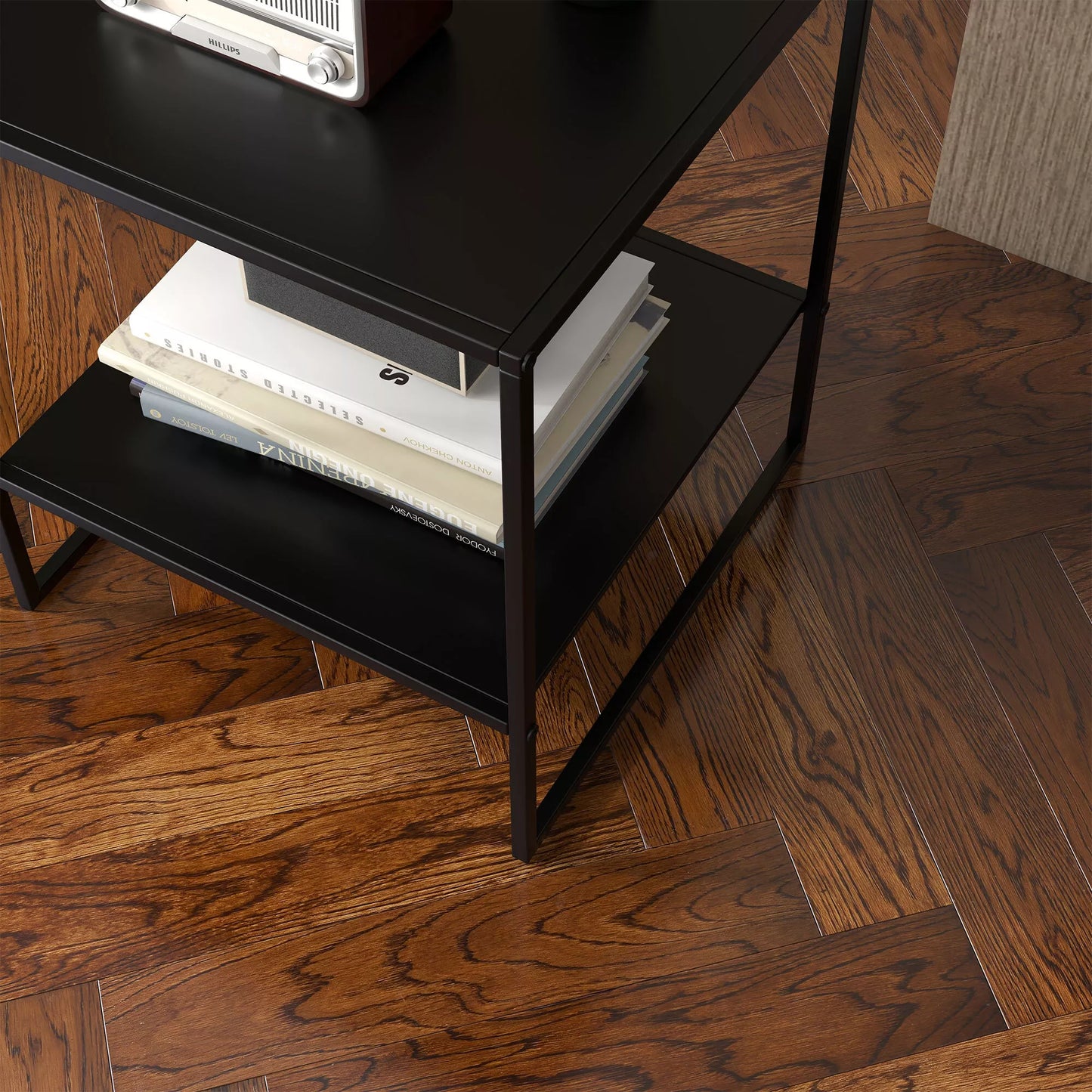 Pramoninio dizaino pagalbinis staliukas, kavos staliukas, naktinis staliukas, 1 lentyna, juodas