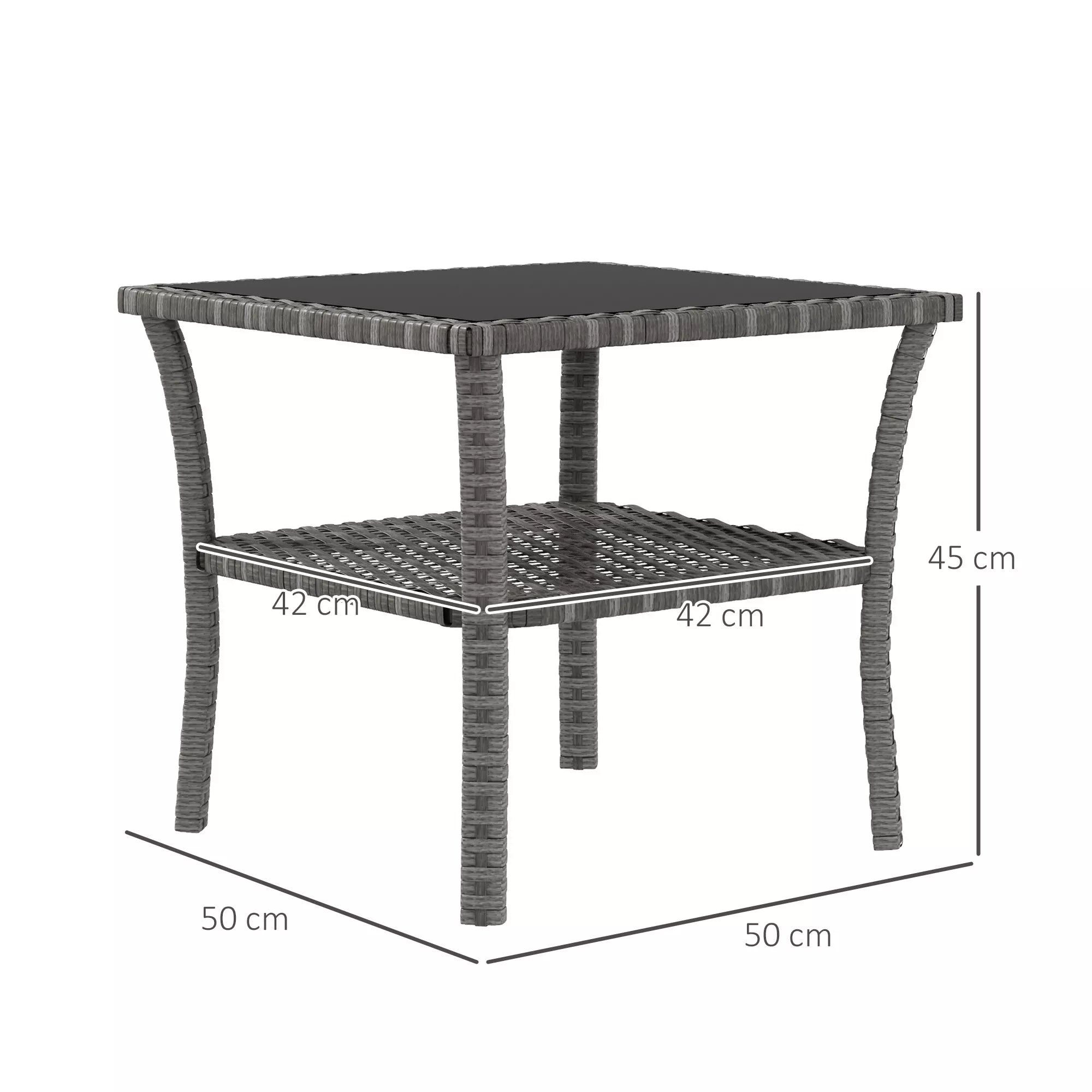 Polyrattan sodo stalas, 50 x 50 x 45 cm, atsparus atmosferos poveikiui, pagalbinis stalas 4 asmenims, kvadratinis su stikliniu stalviršiu