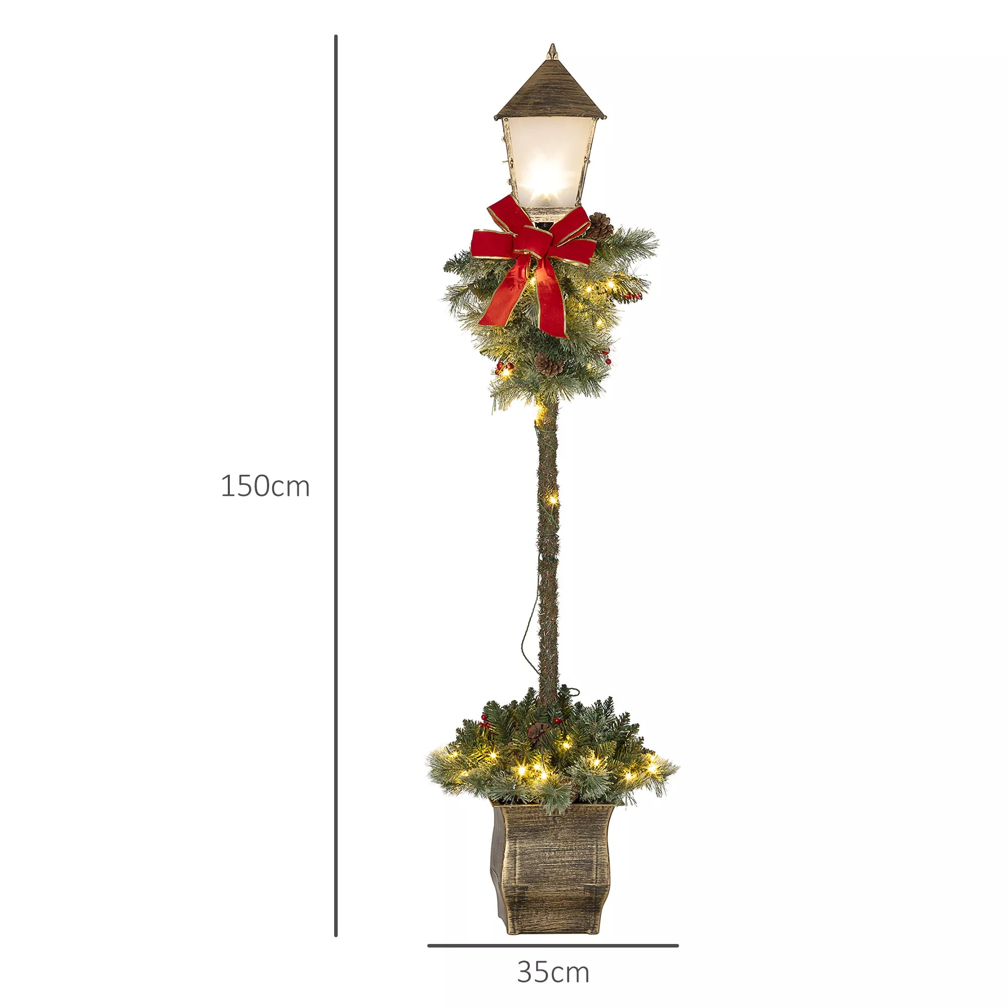 Kalėdinė žibintuvė su uogomis, kankorėžiais ir kaspinėliu, LED lemputėmis, metaliniu stiebu, 150 cm