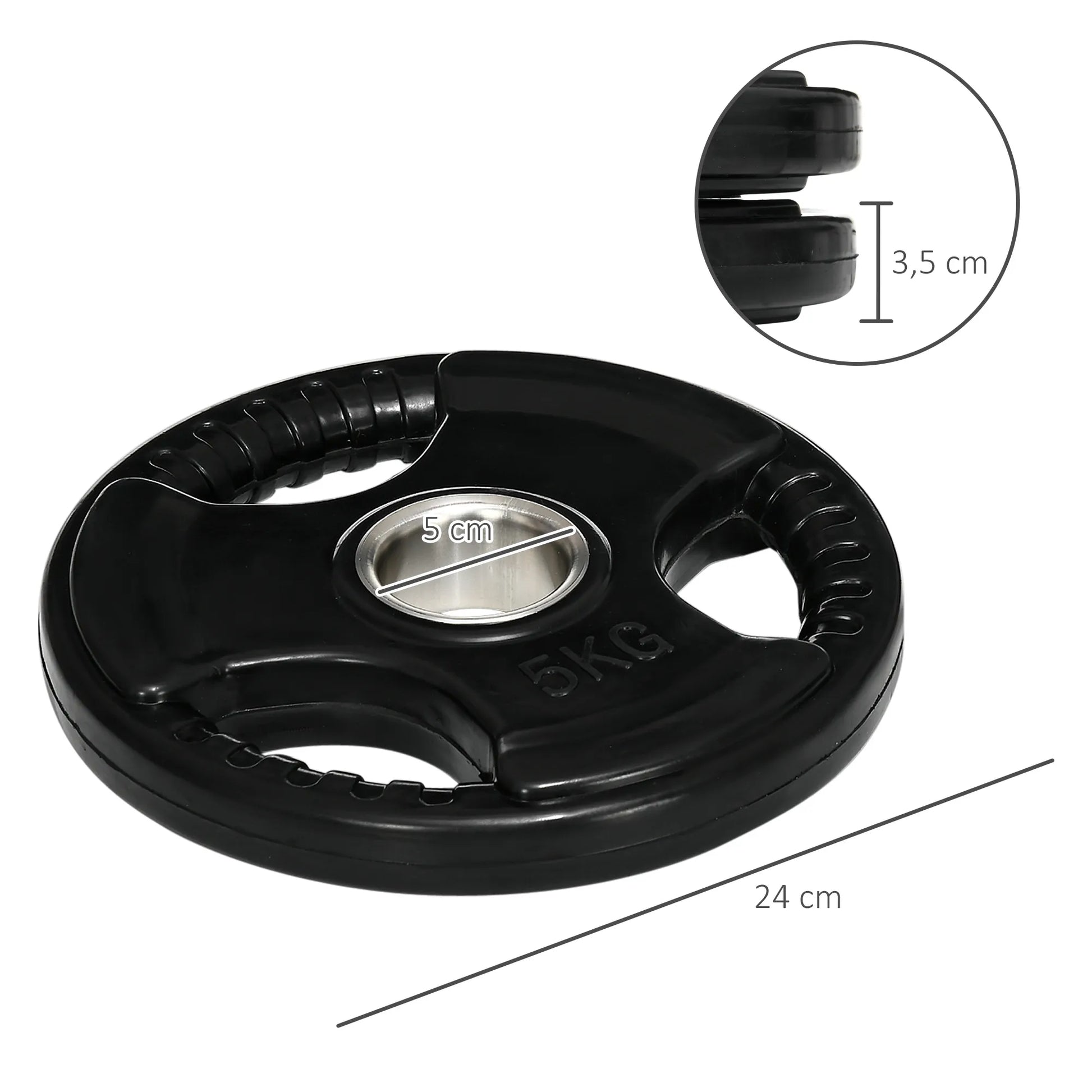 Hantelių diskai, 2 vnt. rinkinys, 5 kg kiekvienas diskas, trys rankenos, grindis tausojantis gumos apvalkalas, metalas