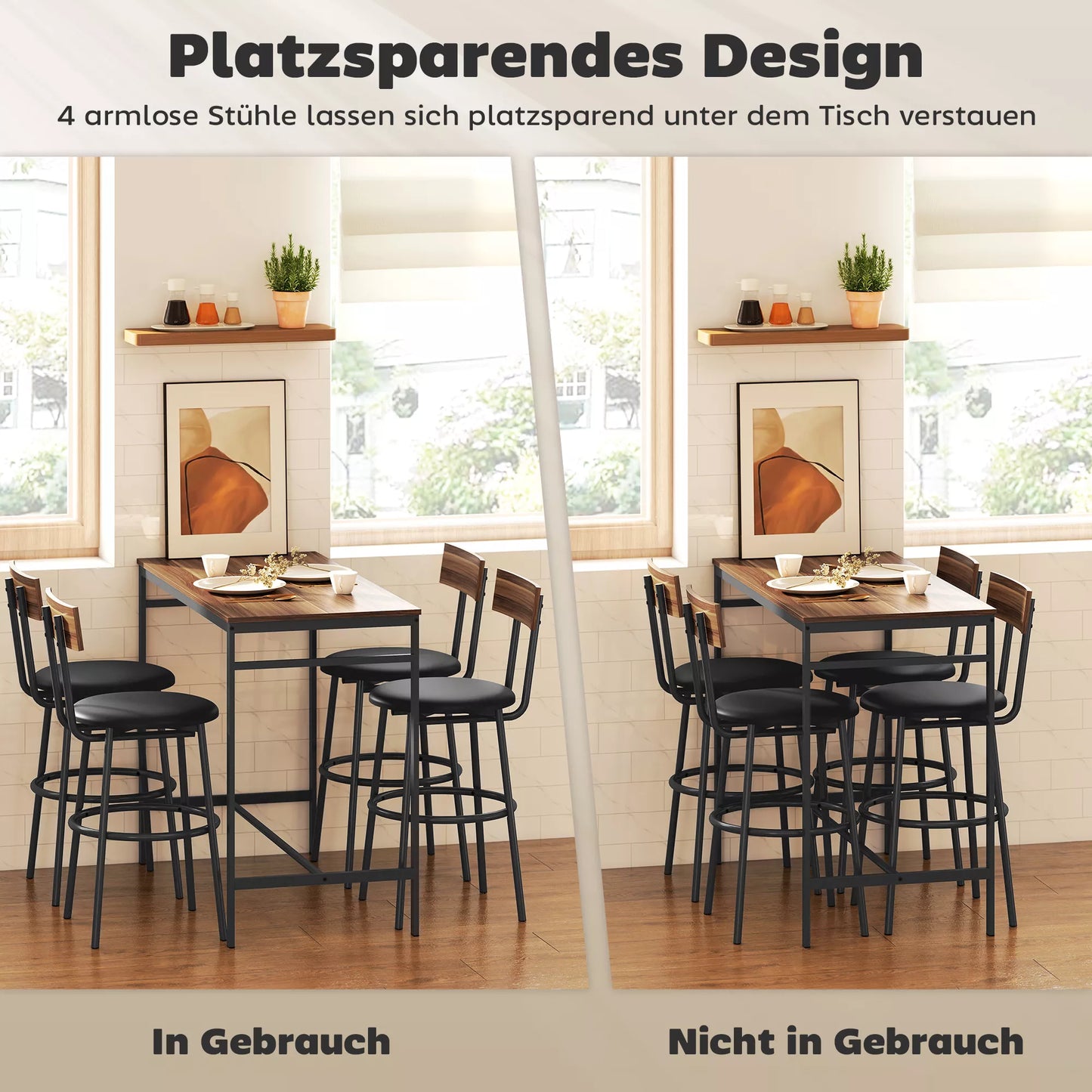 5 dalių baro stalo komplektas su 4 kėdėmis, pramoninio dizaino, virtuvei, valgomajam, medžio, plieno, rudos spalvos