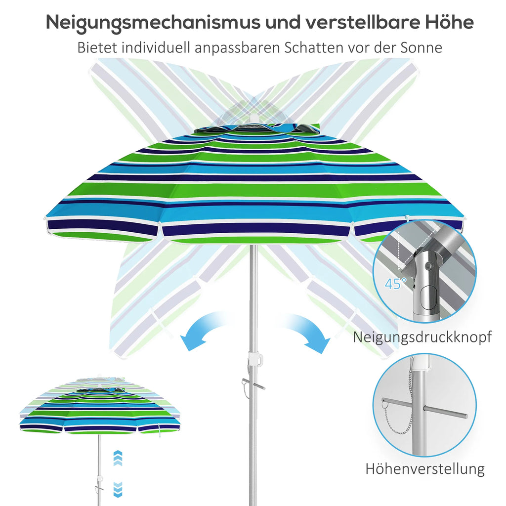 Paplūdimio skėtis, skersmuo 178 cm, UV40+, atsparus vėjui, tvirtas, reguliuojamo aukščio, su pakreipimo funkcija, ventiliacija, kišenė, įvairių spalvų