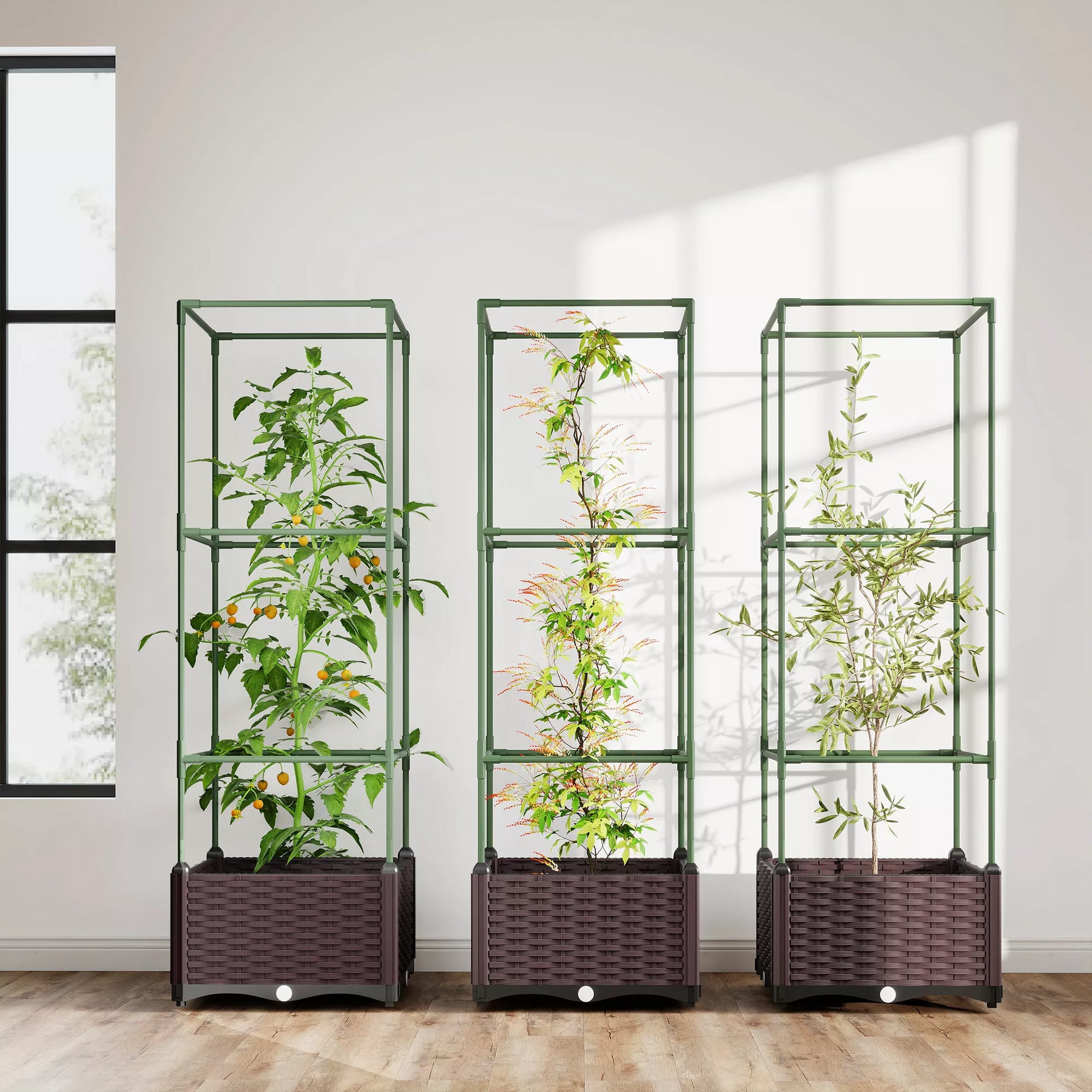 Pakeltų lysvių su grotelėmis rinkinys, trijų dalių augalų dėžės su drenažo angomis, plastikas, balta