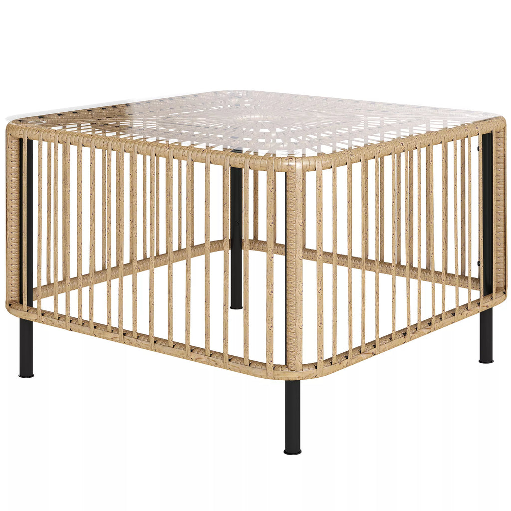 Polyrattan sodo stalas, 65 x 65 x 43 cm, atsparus atmosferos poveikiui, kvadratinis pagalbinis stalas su stikliniu stalviršiu, natūralaus medžio