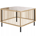 Polyrattan sodo stalas, 65 x 65 x 43 cm, atsparus atmosferos poveikiui, kvadratinis pagalbinis stalas su stikliniu stalviršiu, natūralaus medžio