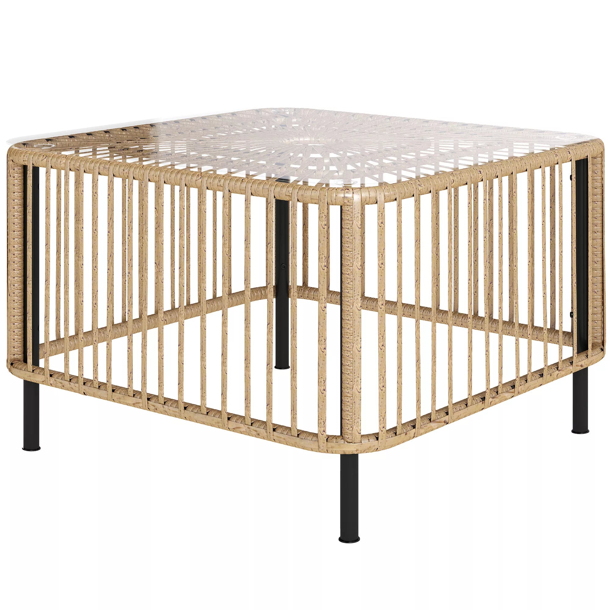Polyrattan sodo stalas, 65 x 65 x 43 cm, atsparus atmosferos poveikiui, kvadratinis pagalbinis stalas su stikliniu stalviršiu, natūralaus medžio