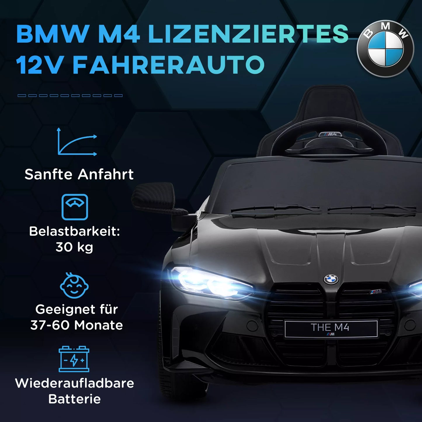 Elektrinis vaikiškas automobilis BMW M4, su garsu ir šviesa, 3-5 km/h, su nuotolinio valdymo pulteliu, 3-5 metų vaikams, juodas