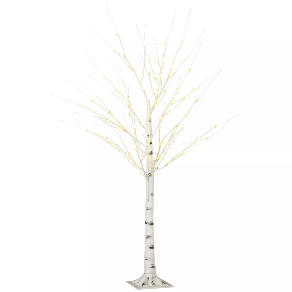 Dirbtinė beržo imitacija su LED lemputėmis, lanksčios šakos, plastikas ir metalas, 150 cm, balta