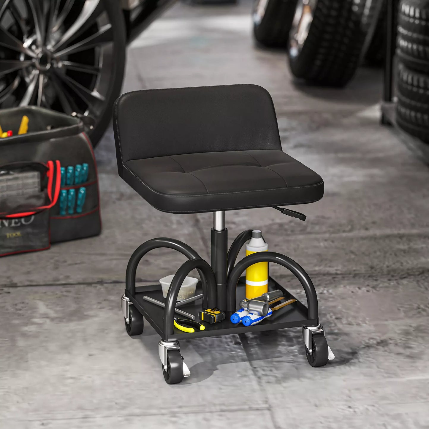 Dirbtuvės taburetė su ratukais ir laikymo lentyna, 58,5 cm aukščio, riedanti taburetė, atlaiko iki 135 kg, juoda