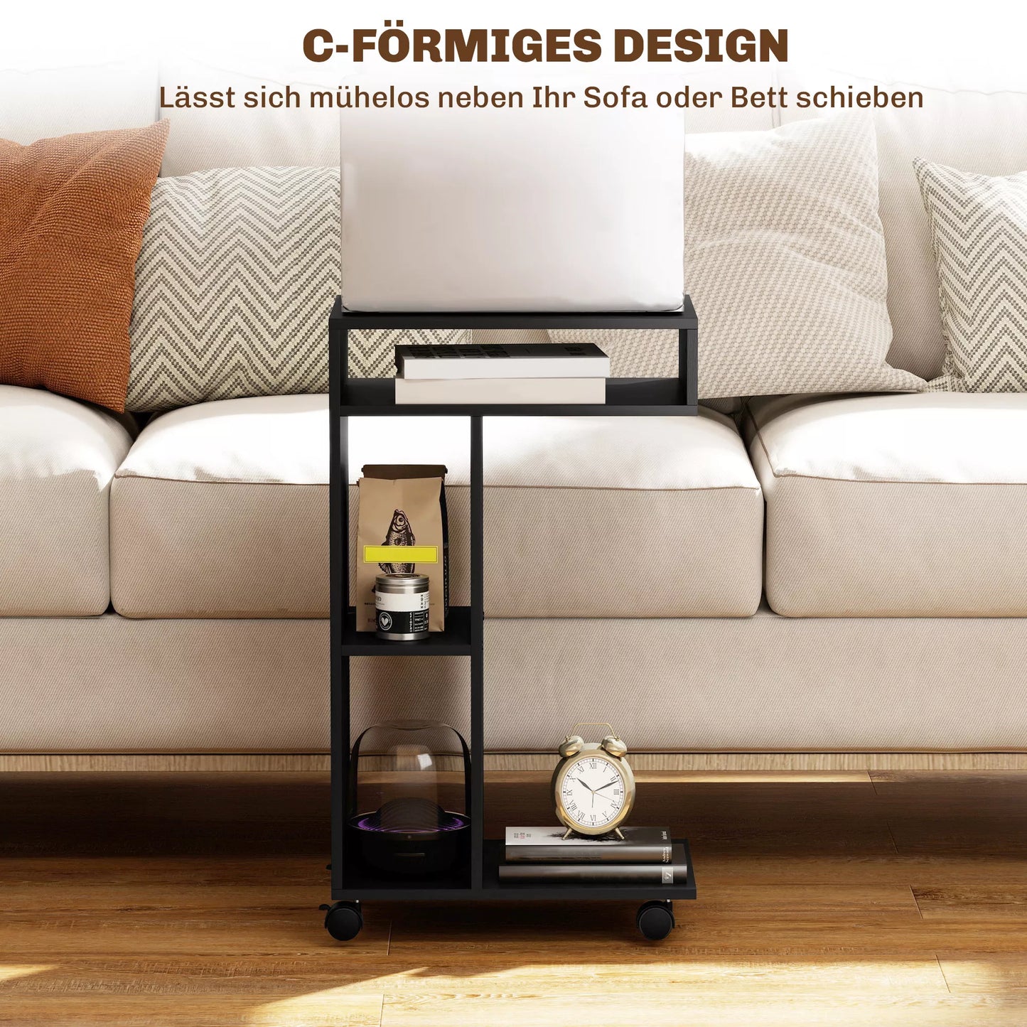 Stalinis staliukas, C formos serviravimo vežimėlis, 4 ratukai, 3 lentynos, 40 x 30 x 69 cm, juodas