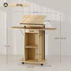 Infografika su stovo matmenimis: 126 cm plotis, 109,5–136 cm aukštis, 22 kg talpa