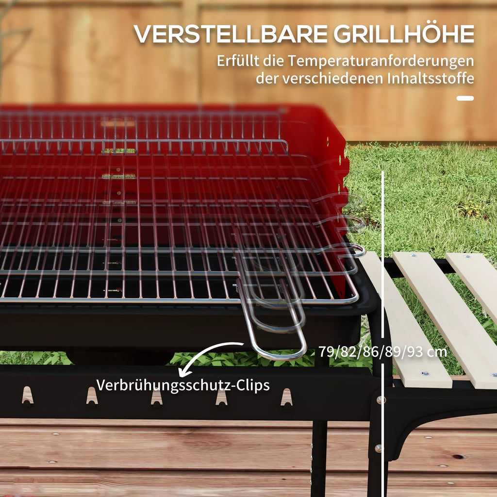 Metalinis anglies grilis BBQ Smoker su ratukais, aukščio reguliuojamas grotelių aukštis, medienos dėklas 103x47x95 cm Raudonas