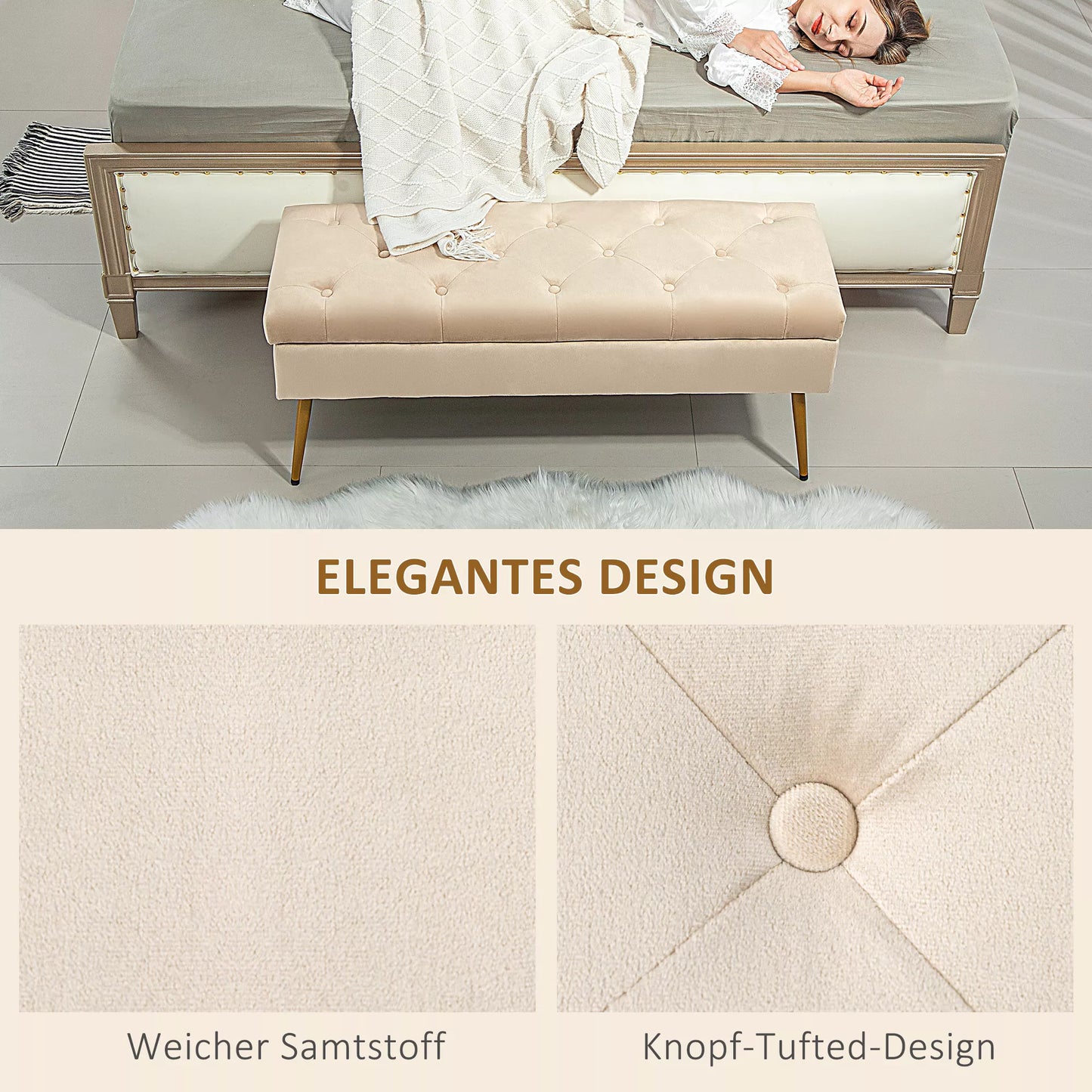 Su daiktadėže suolas aksominės išvaizdos, minkštas pufas su dygsniuotu dizainu, metalinis rėmas, 102 x 35 x 43 cm, smėlio spalvos