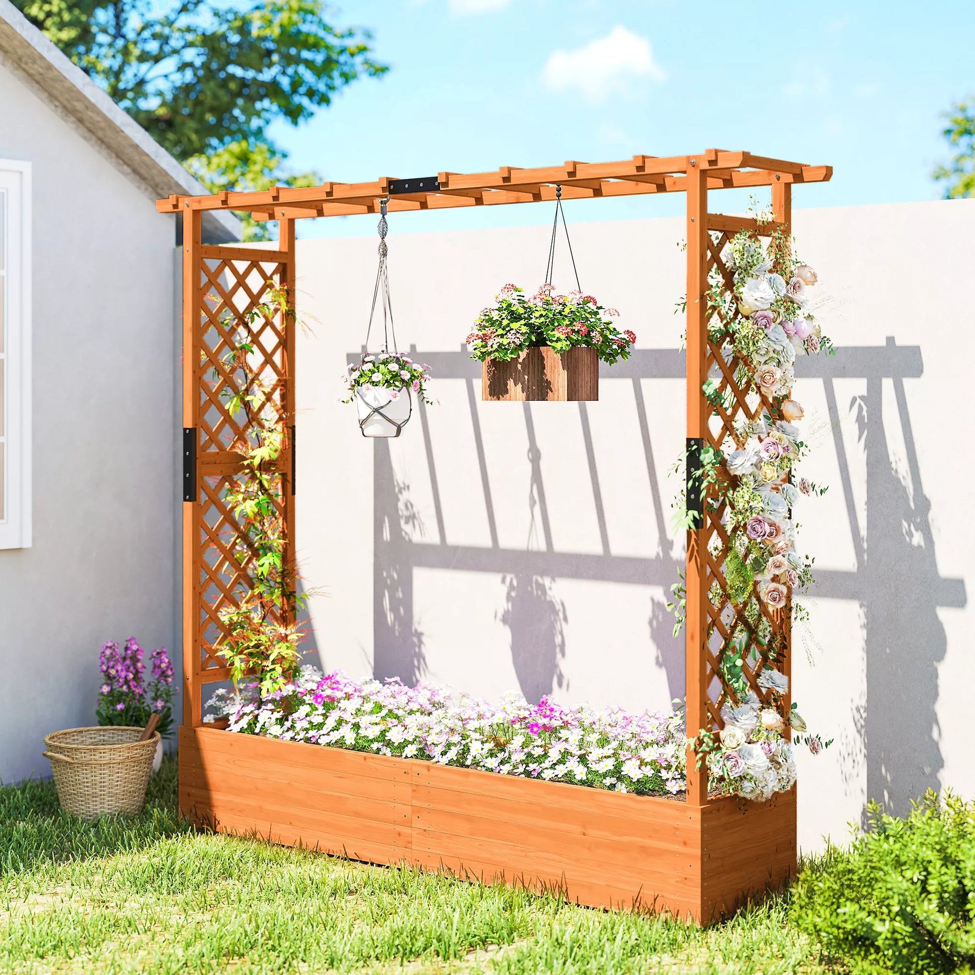 Aukštas lysvynas su tinkleliu ir stogu, skirtas gėlėms, vaisiams, daržovėms, žolelėms, 196 x 44 x 181 cm, medinis, oranžinis