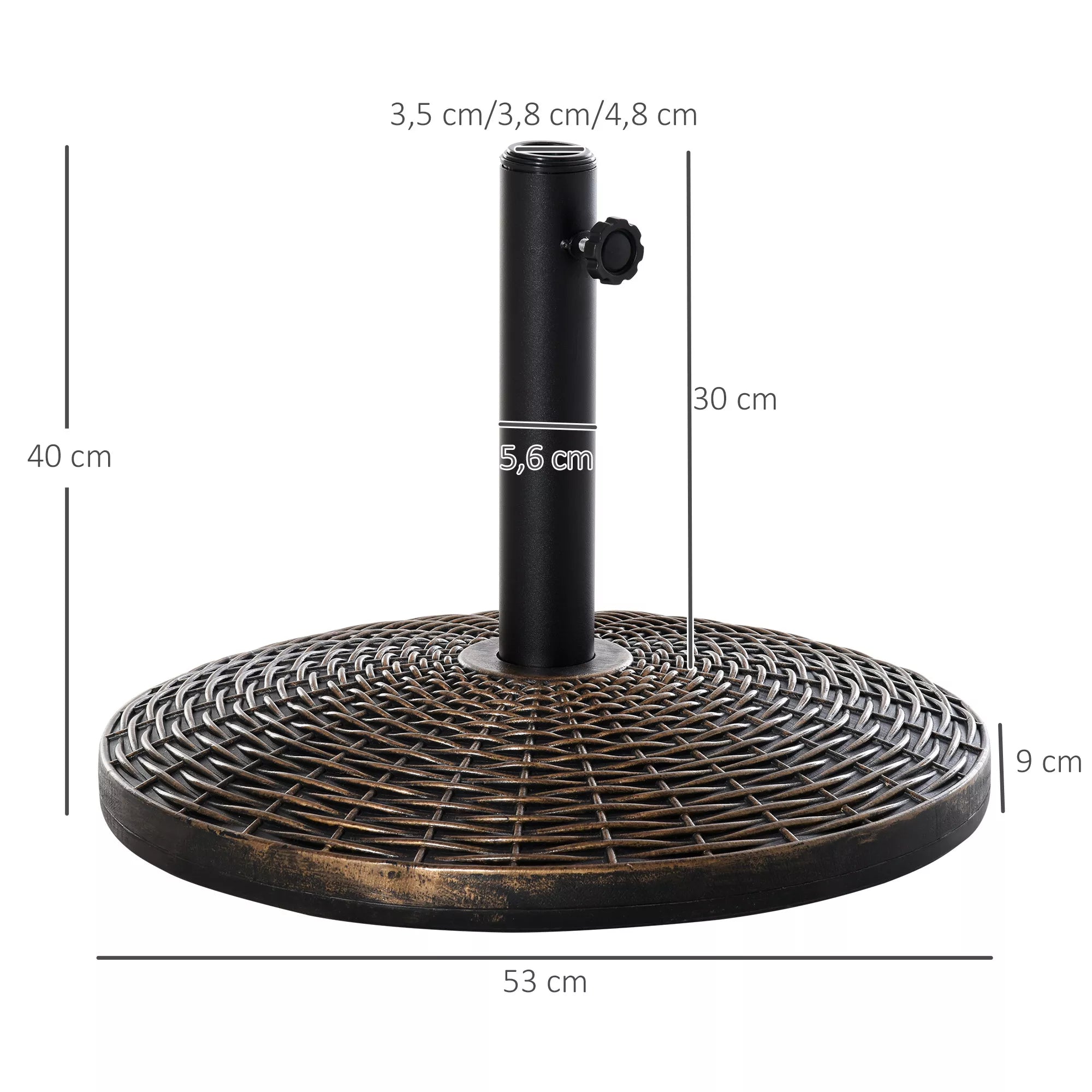 Skėčio stovas, skėčio laikiklis, skėčio pagrindas, 25 kg, rotango imitacijos krepšinis, stovas, skėčio skersmuo Ø35/Ø38/Ø48 mm, plastikas + cementas, senovinio bronzos spalvos, Ø53 x 40 cm