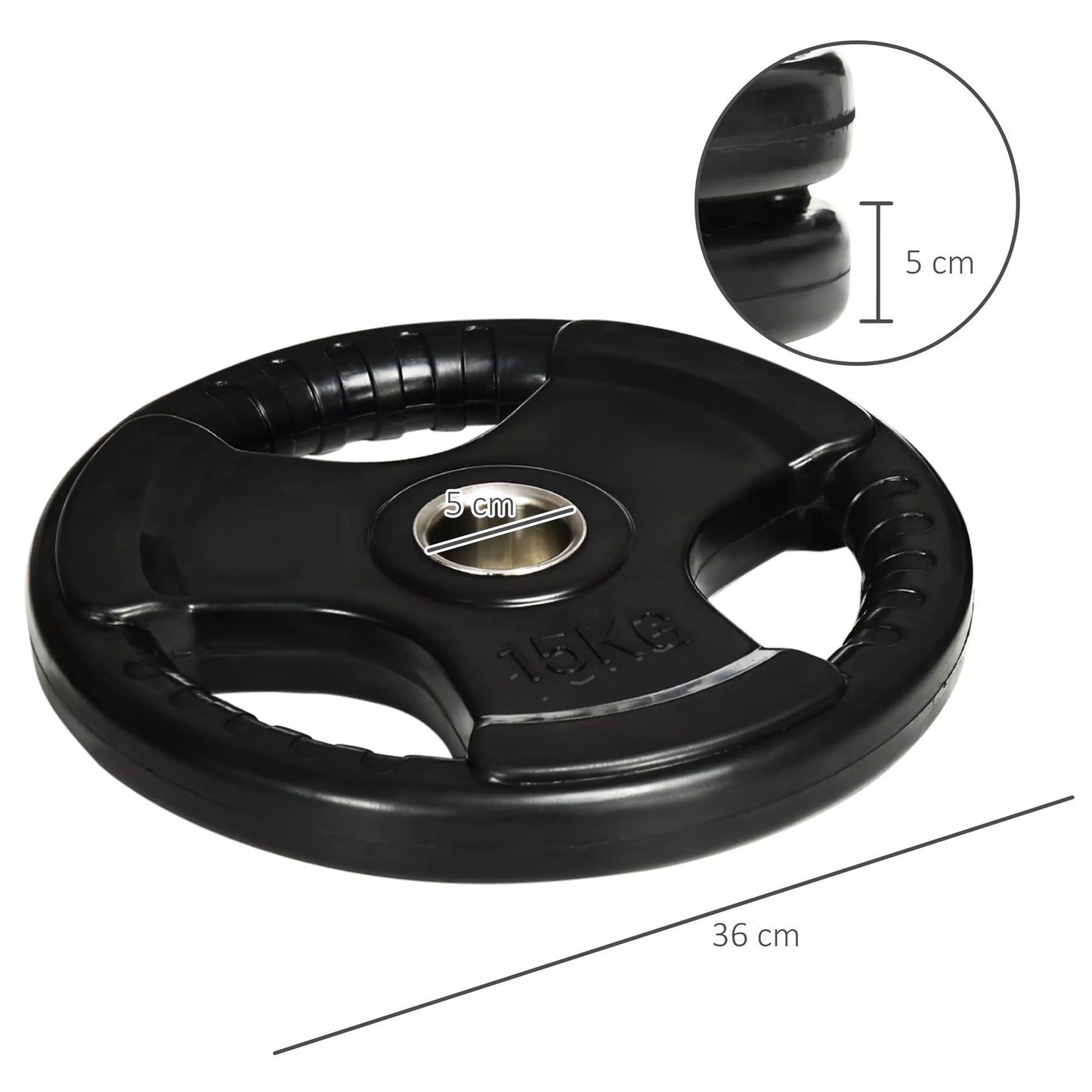 Hantelio diskas, 2 vnt. rinkinys, po 15 kg diskui, trys rankenos, grindims draugiškas guminis apvalkalas, metalas