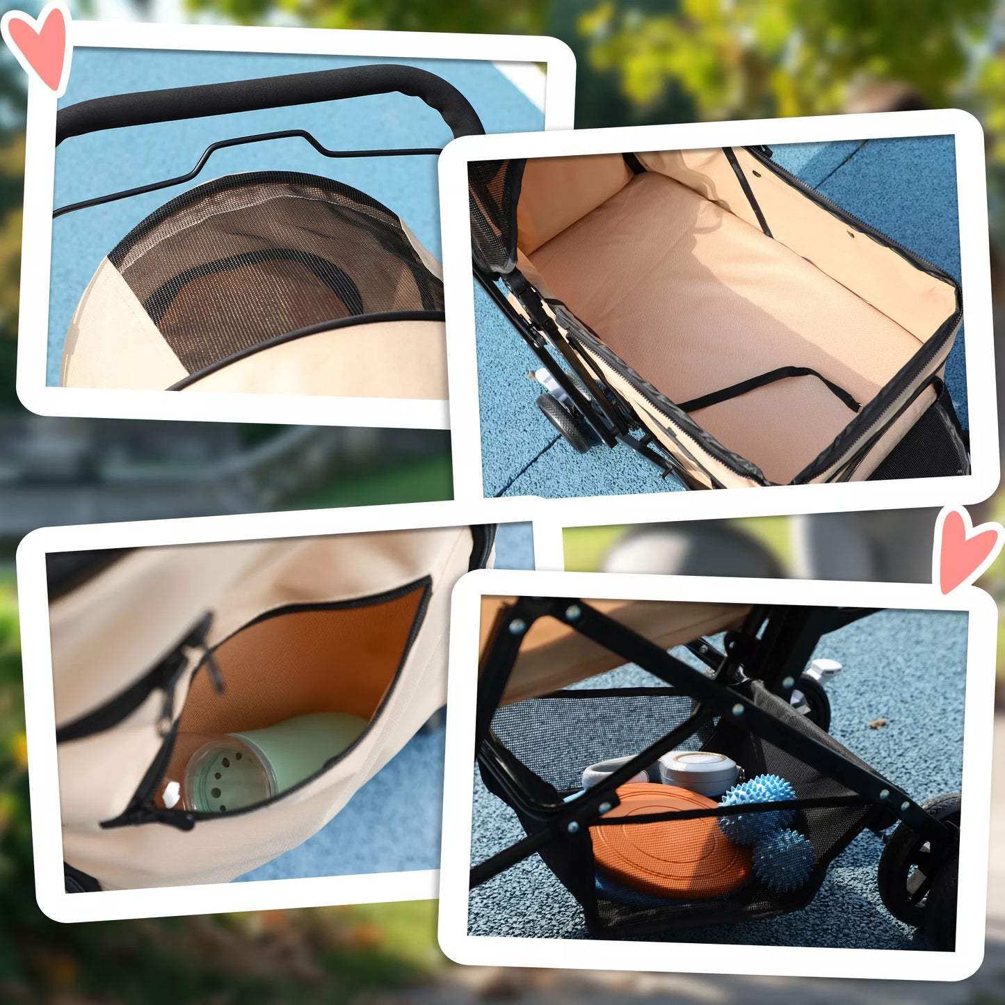 Šunų vežimėlis, sulankstomas, 1 krepšys, 2 stabdžiai, su saugos pavadėliu, šviesiai rudas