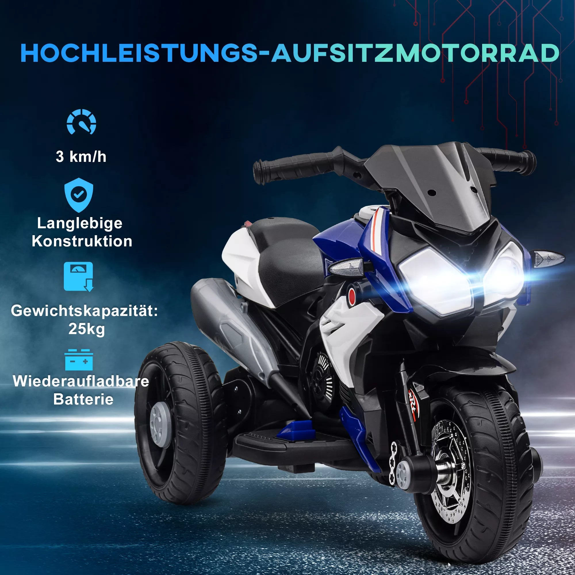 Elektrinis vaikų motociklas, šviesos ir garsai, 3 km/h, įkraunamas, plastikas ir metalas, mėlynas/baltas
