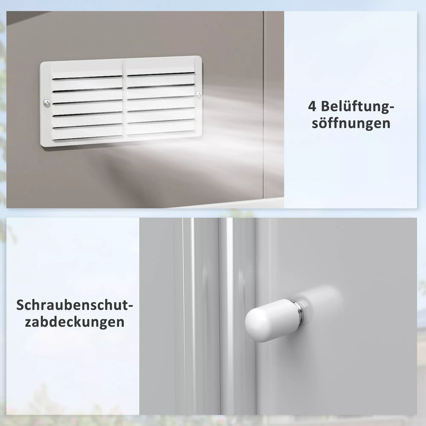 Sodo namelis įrankiams, atsparus oro sąlygoms, su ventiliacijos langeliais, stumiamosiomis durimis, plienas, šviesiai pilkas